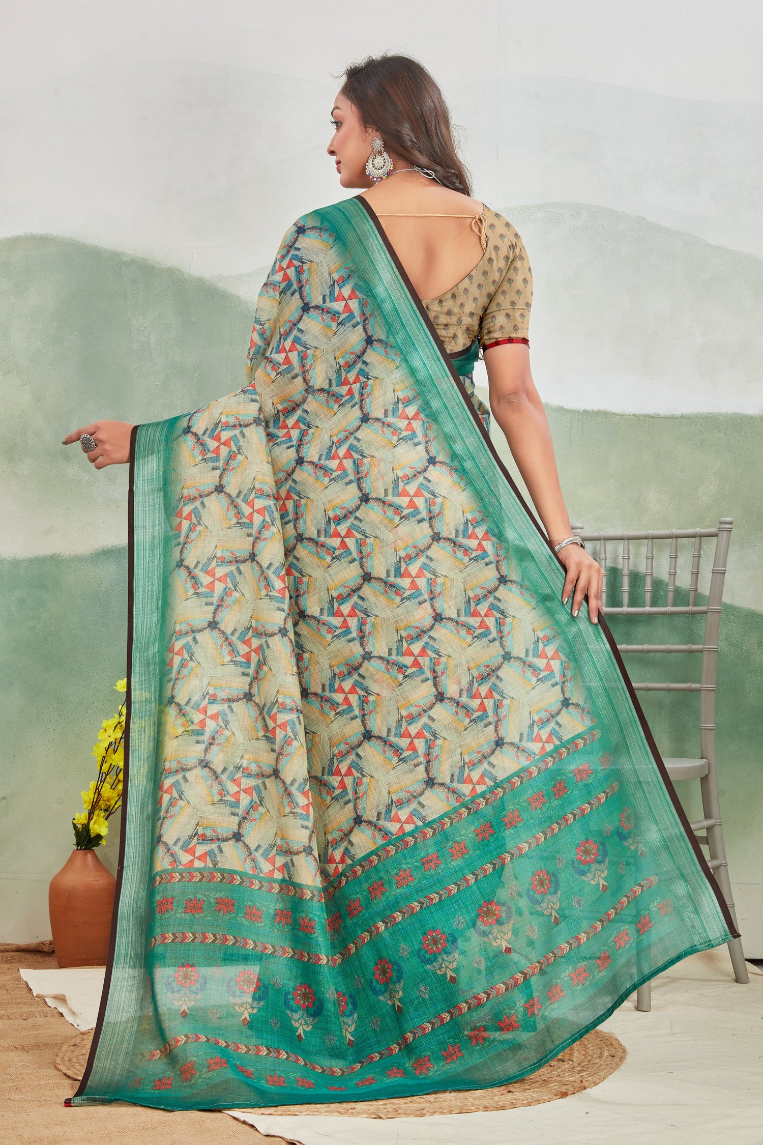Easy Wear Printed Saree Green Pure Linen Daily Staple