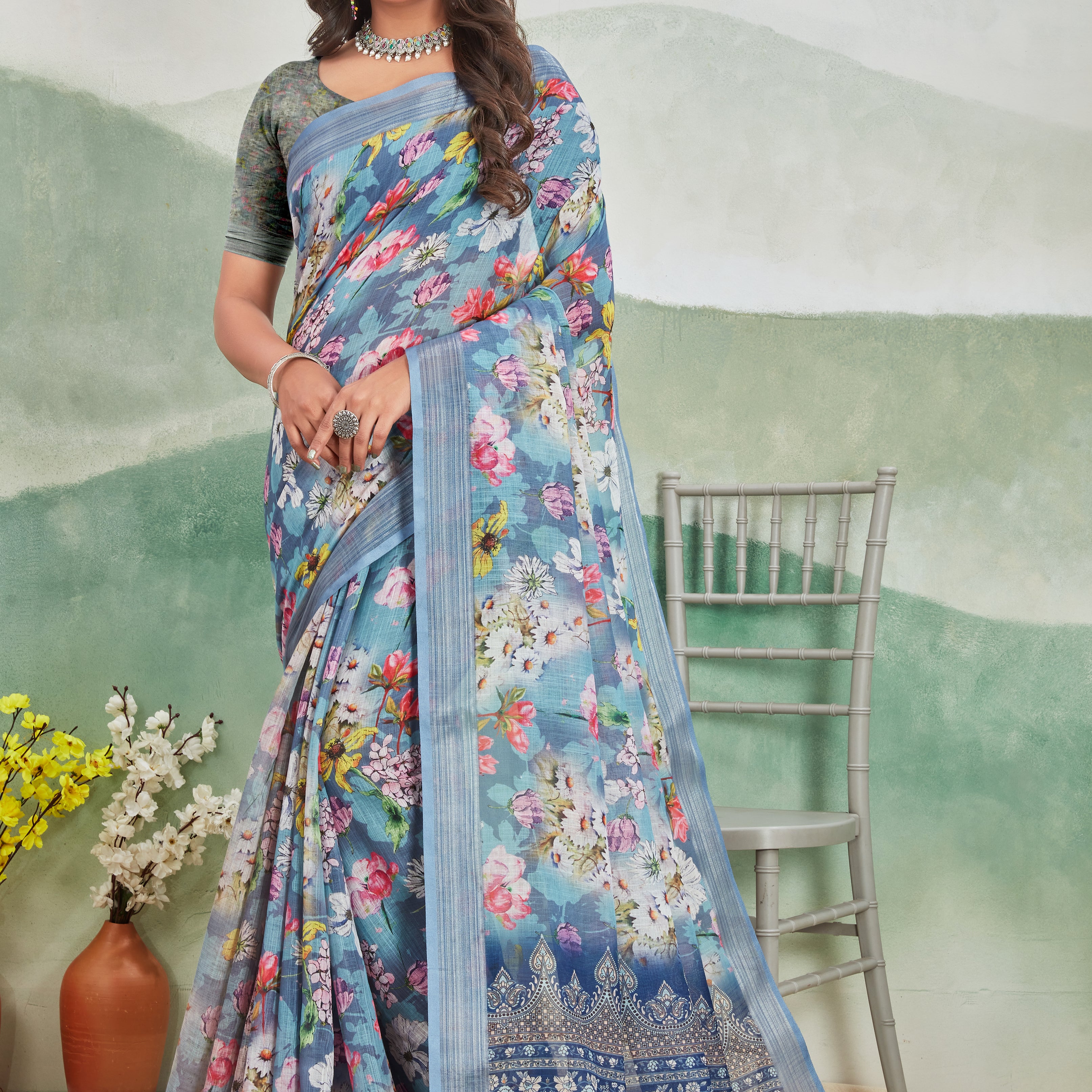 Pure Linen Saree For Every Occasion in Pastel Blue