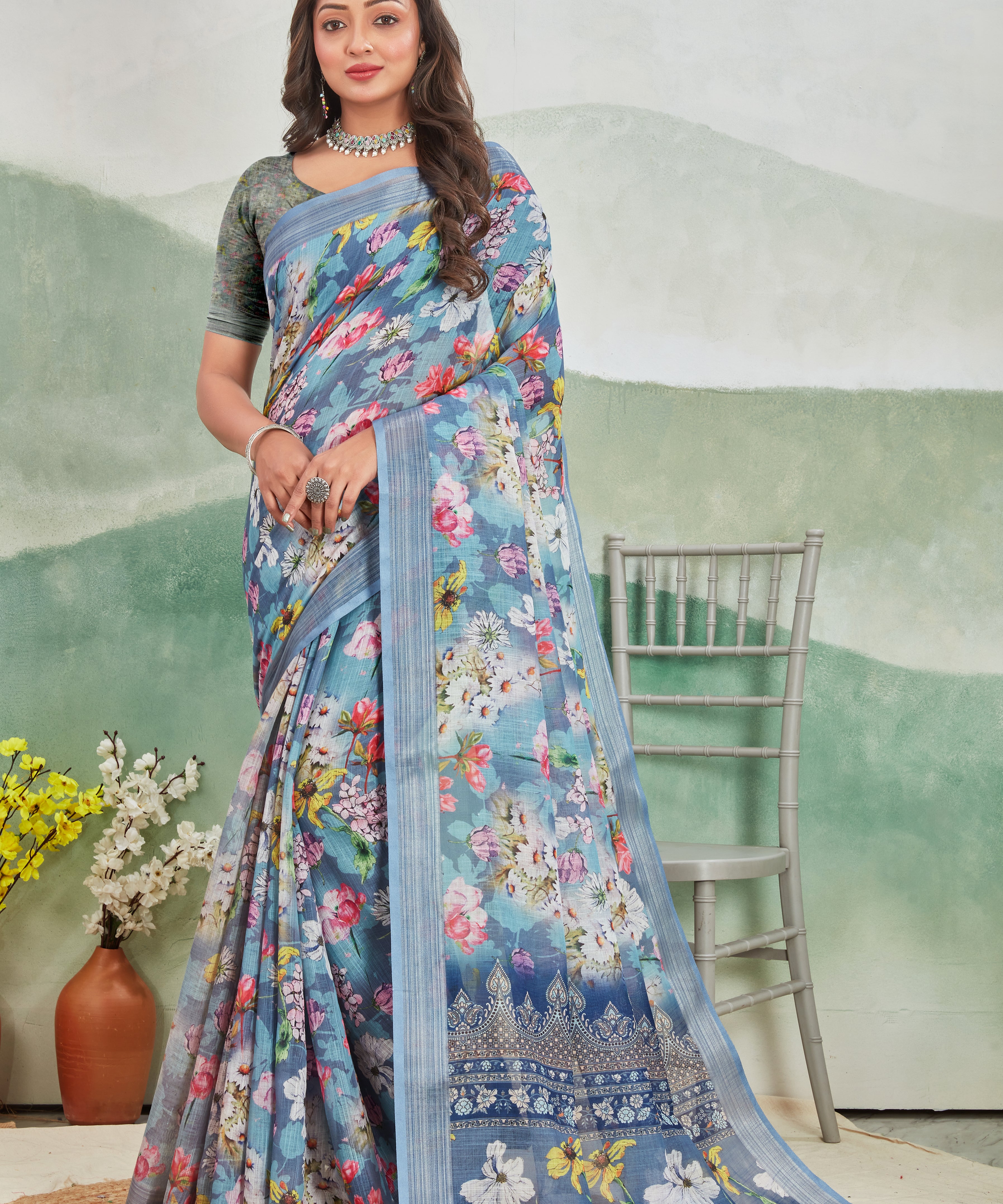 Pure Linen Saree For Every Occasion in Pastel Blue