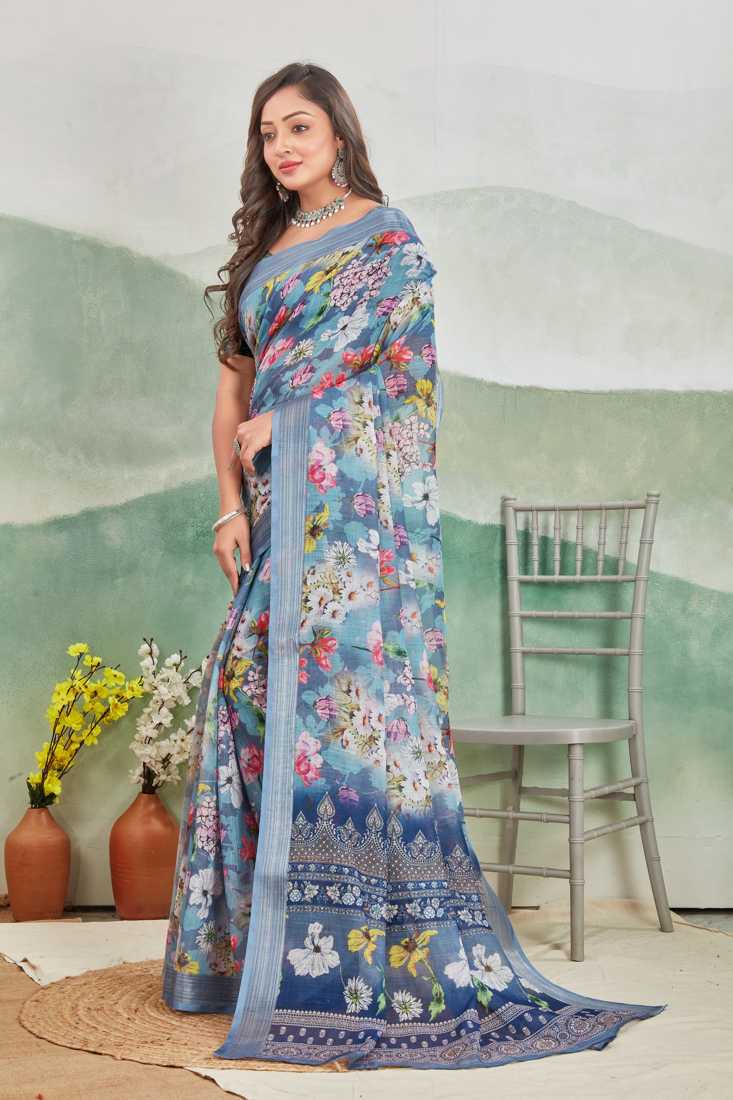 Simple And Chic Blue Linen Saree Pure Printed Everyday Drape
