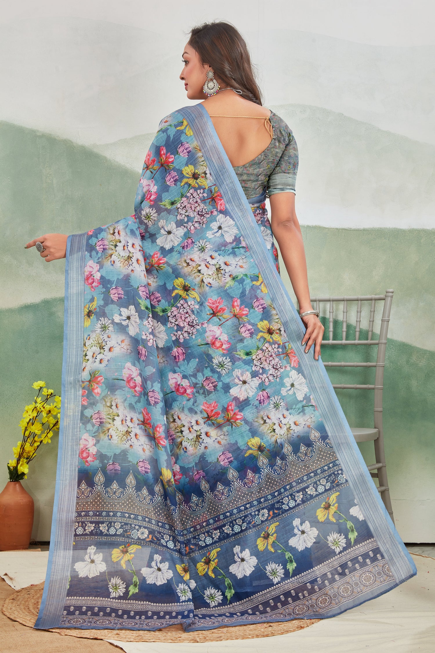 Simple And Chic Blue Linen Saree Pure Printed Everyday Drape