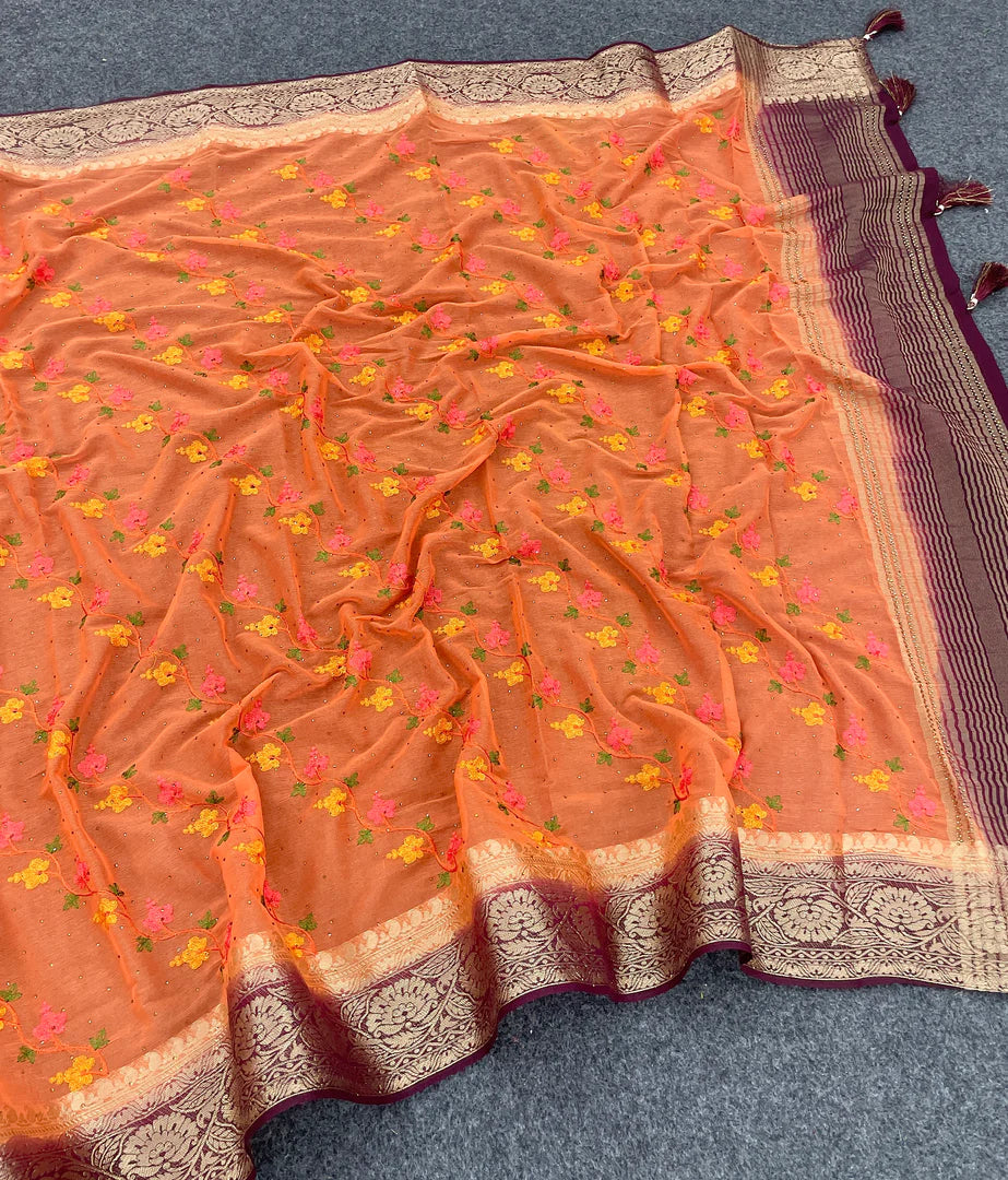 Graceful Orange Traditional Soft Silk Embroidered Saree With Designer Blouse