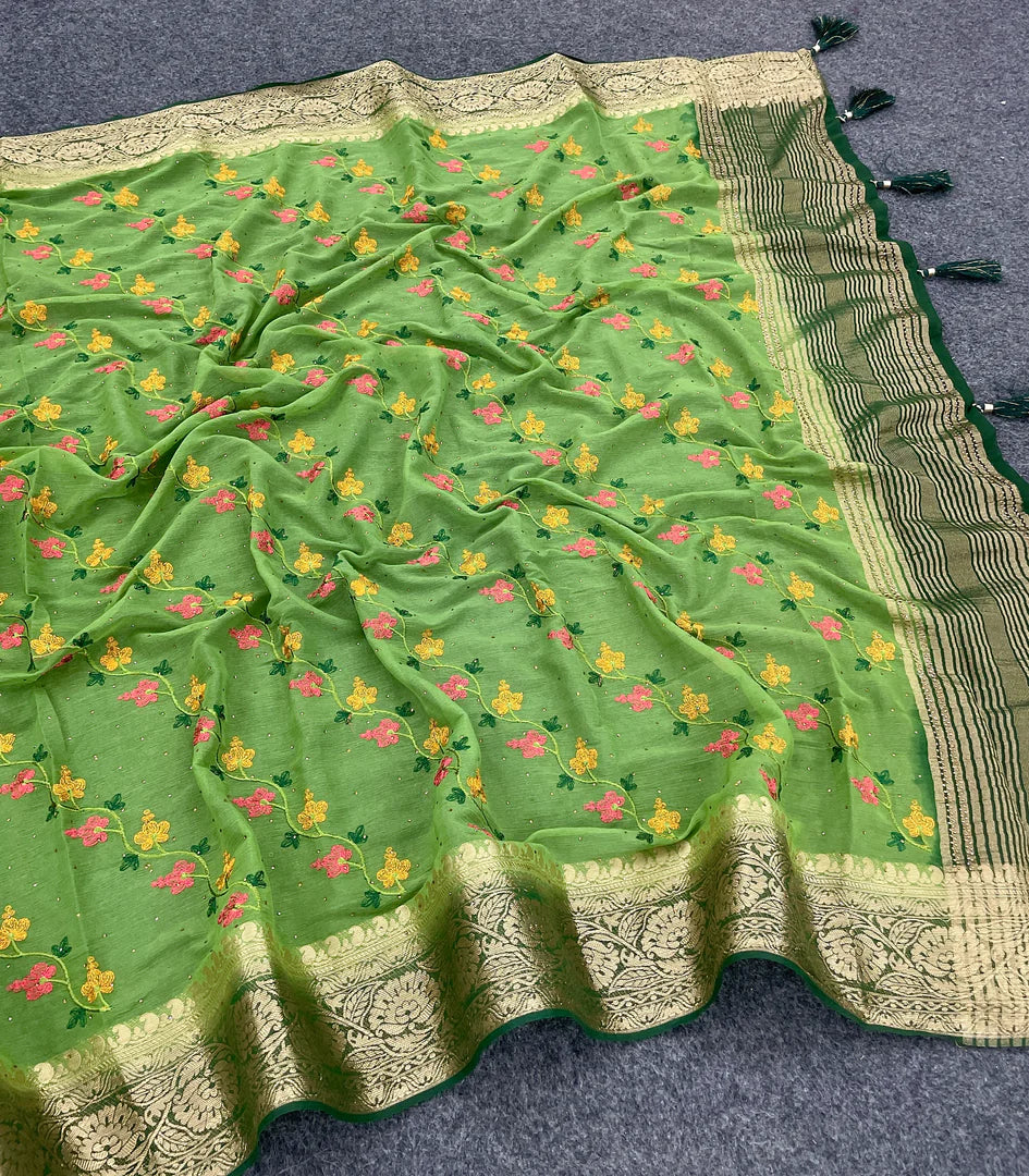 Regal Green Embroidered Soft Silk Saree For Festive Wear With Blouse Fabric