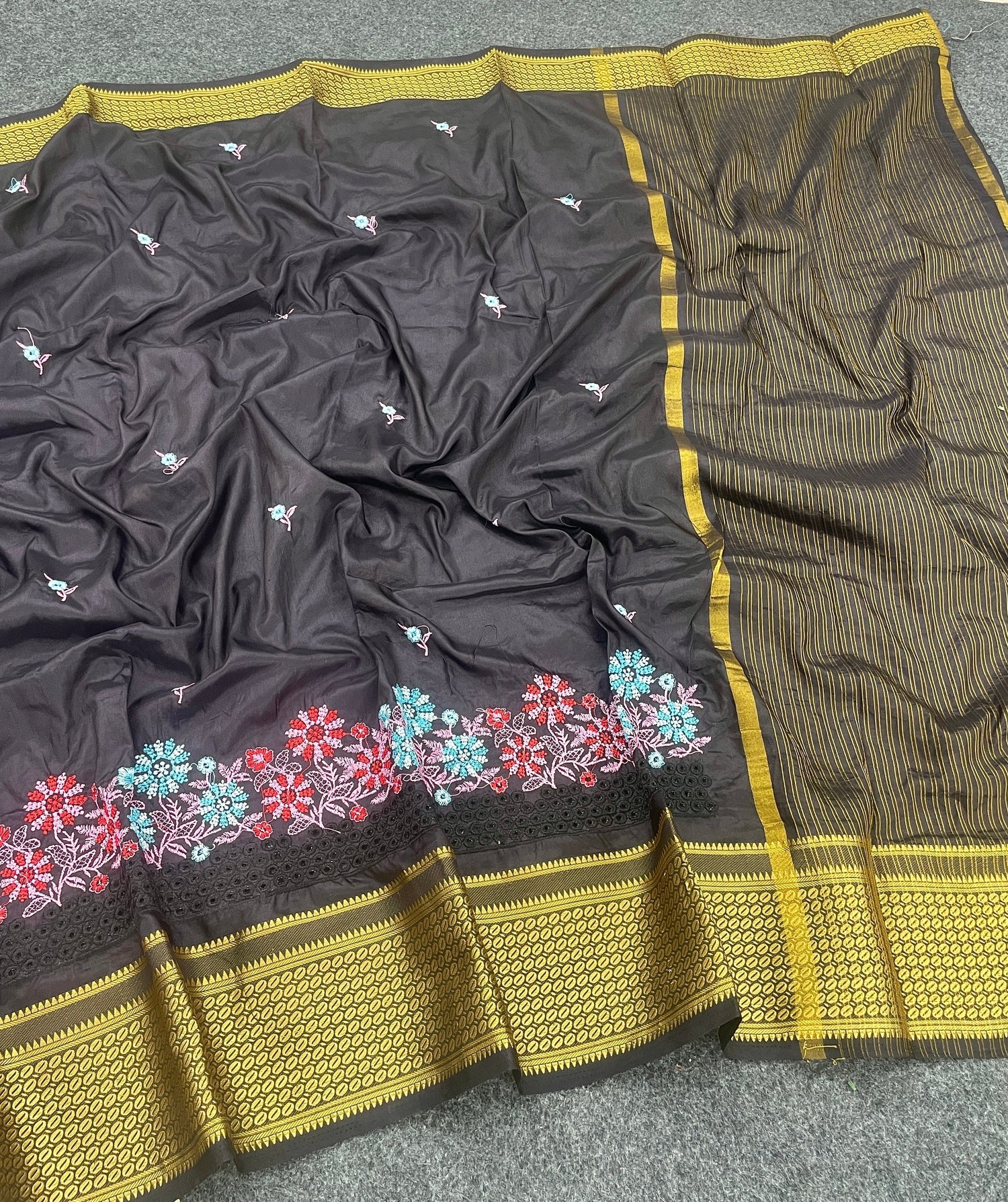 Black Embroidered Saree In Soft Silk Festive Traditional Style