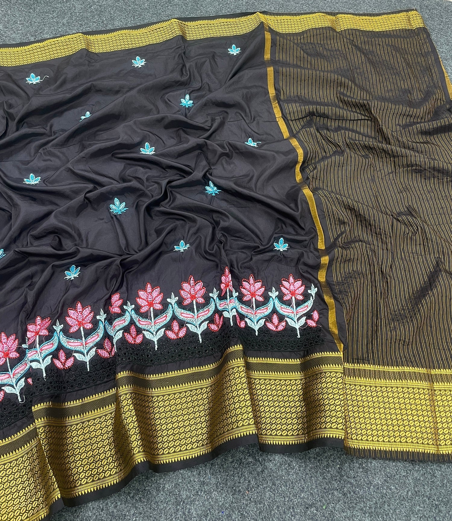 Black Embroidered Saree In Soft Silk Festive Traditional Style