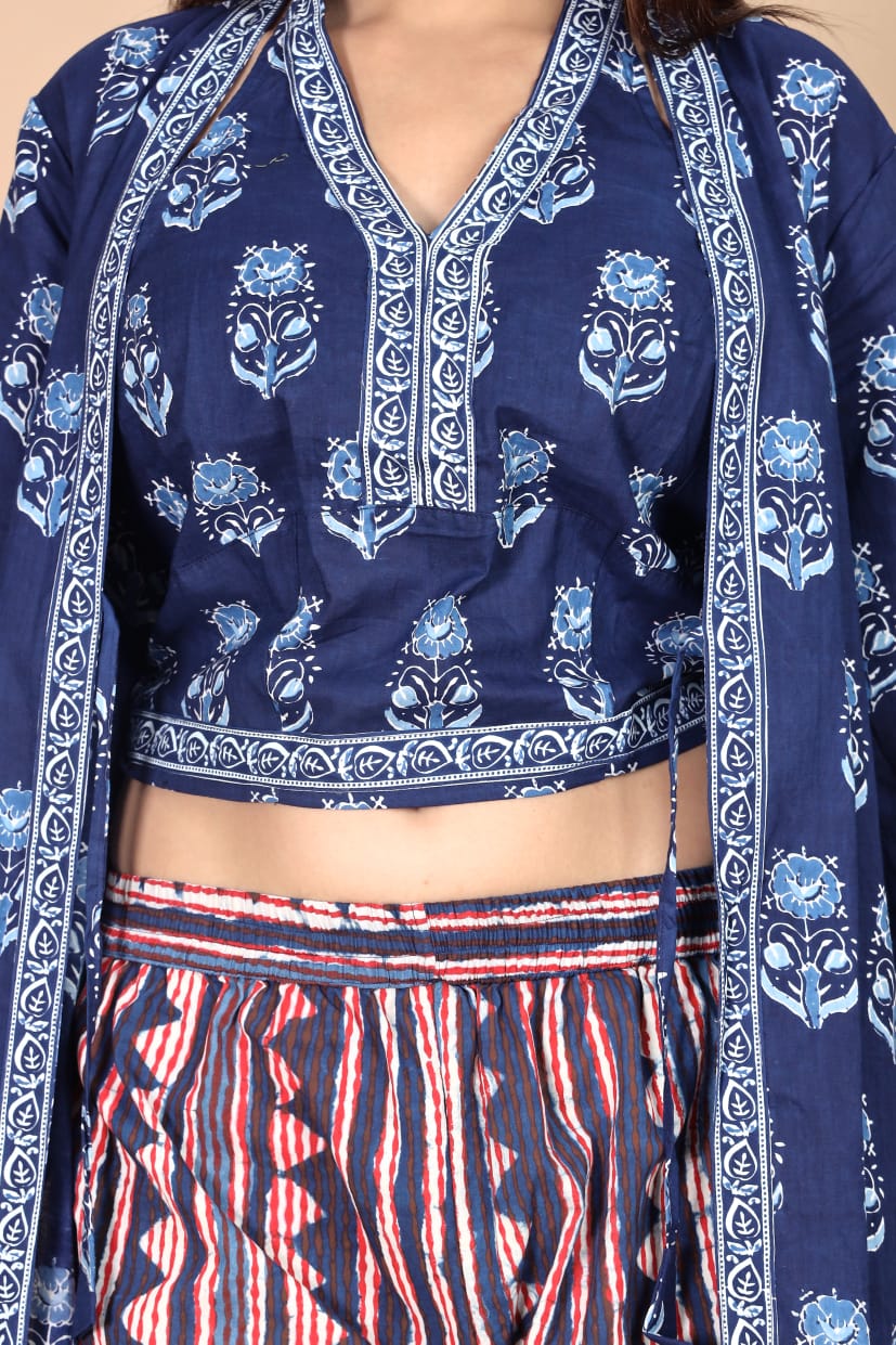 Indigo Geometric Printed 3-Piece Choli Shrug & Pant Set