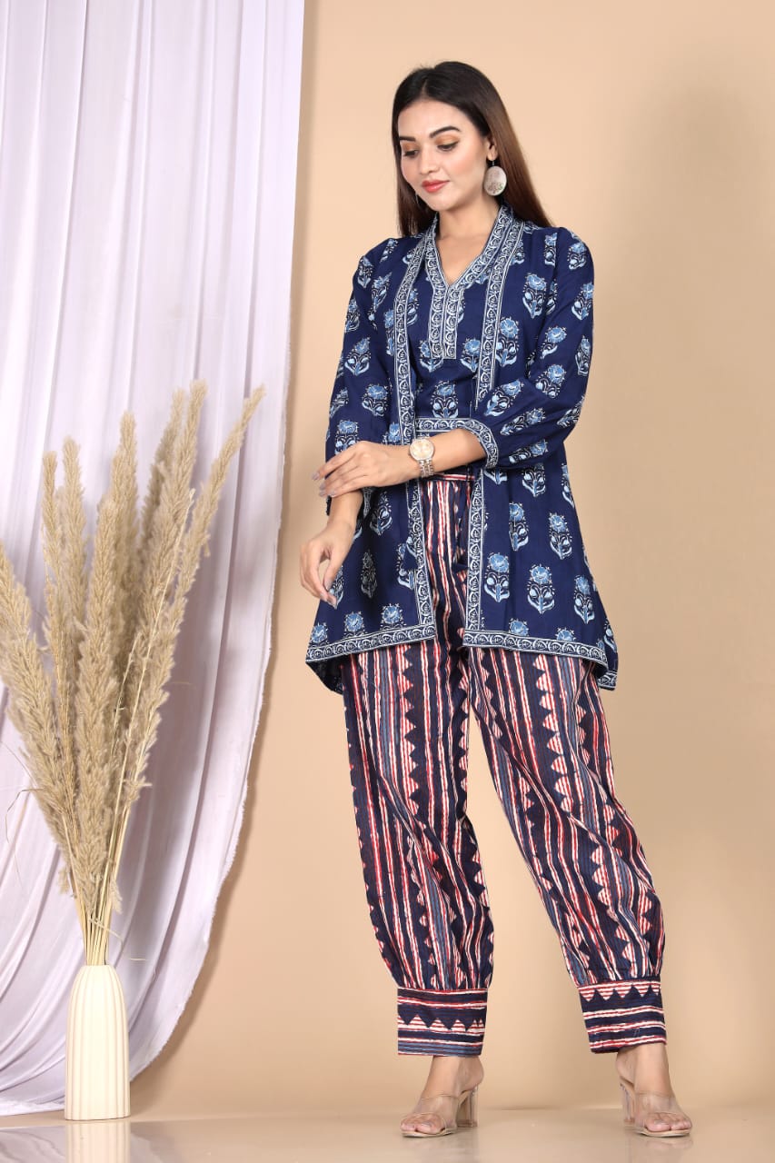 Indigo Geometric Printed 3-Piece Choli Shrug & Pant Set