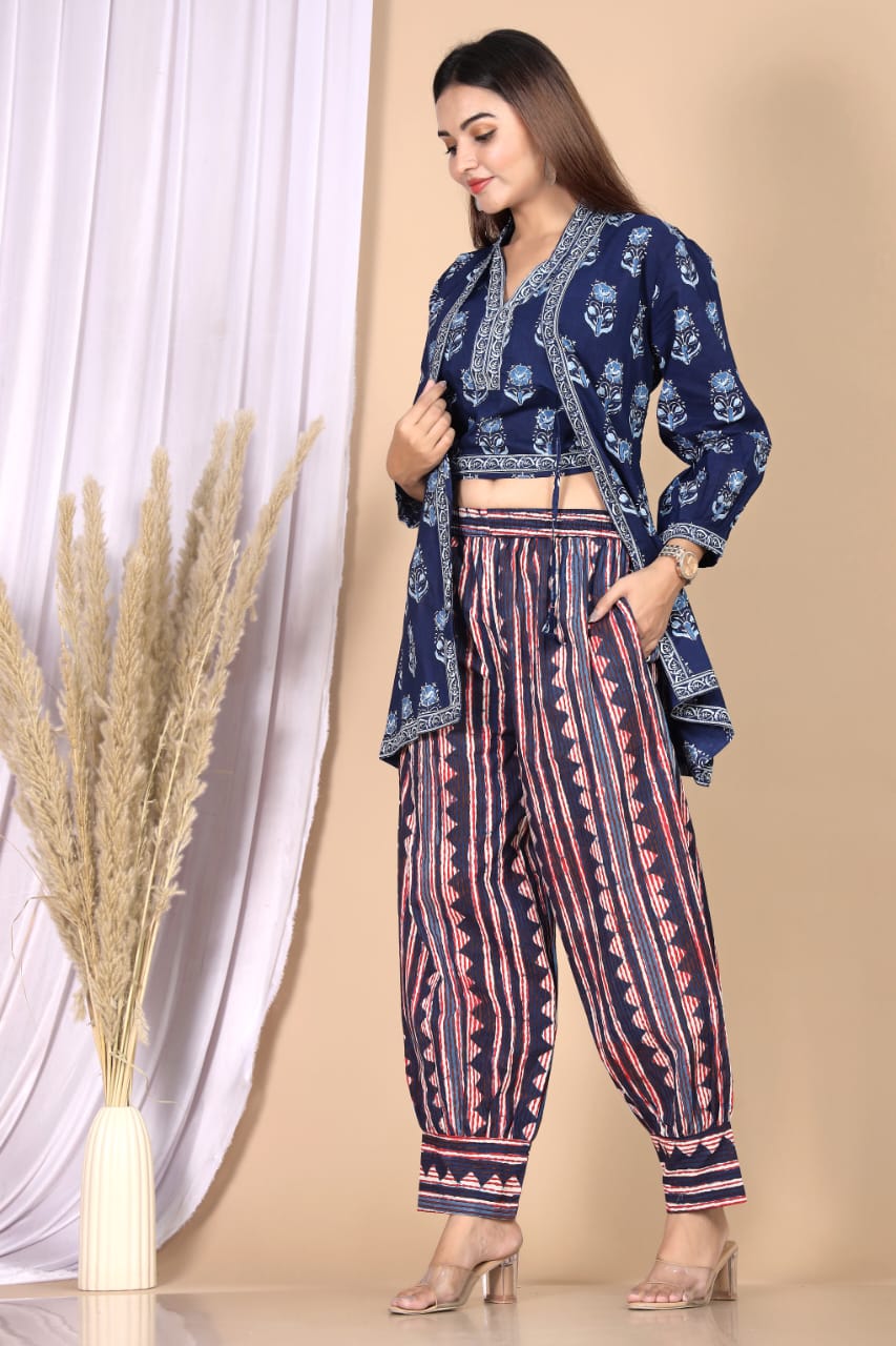 Indigo Geometric Printed 3-Piece Choli Shrug & Pant Set