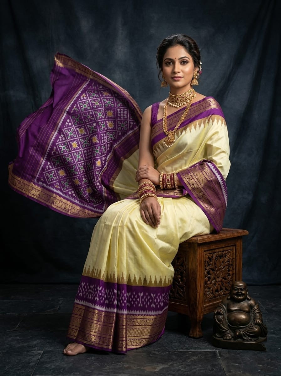 Ivory Handloom Pattu Silk Saree with Purple Rich Temple Border