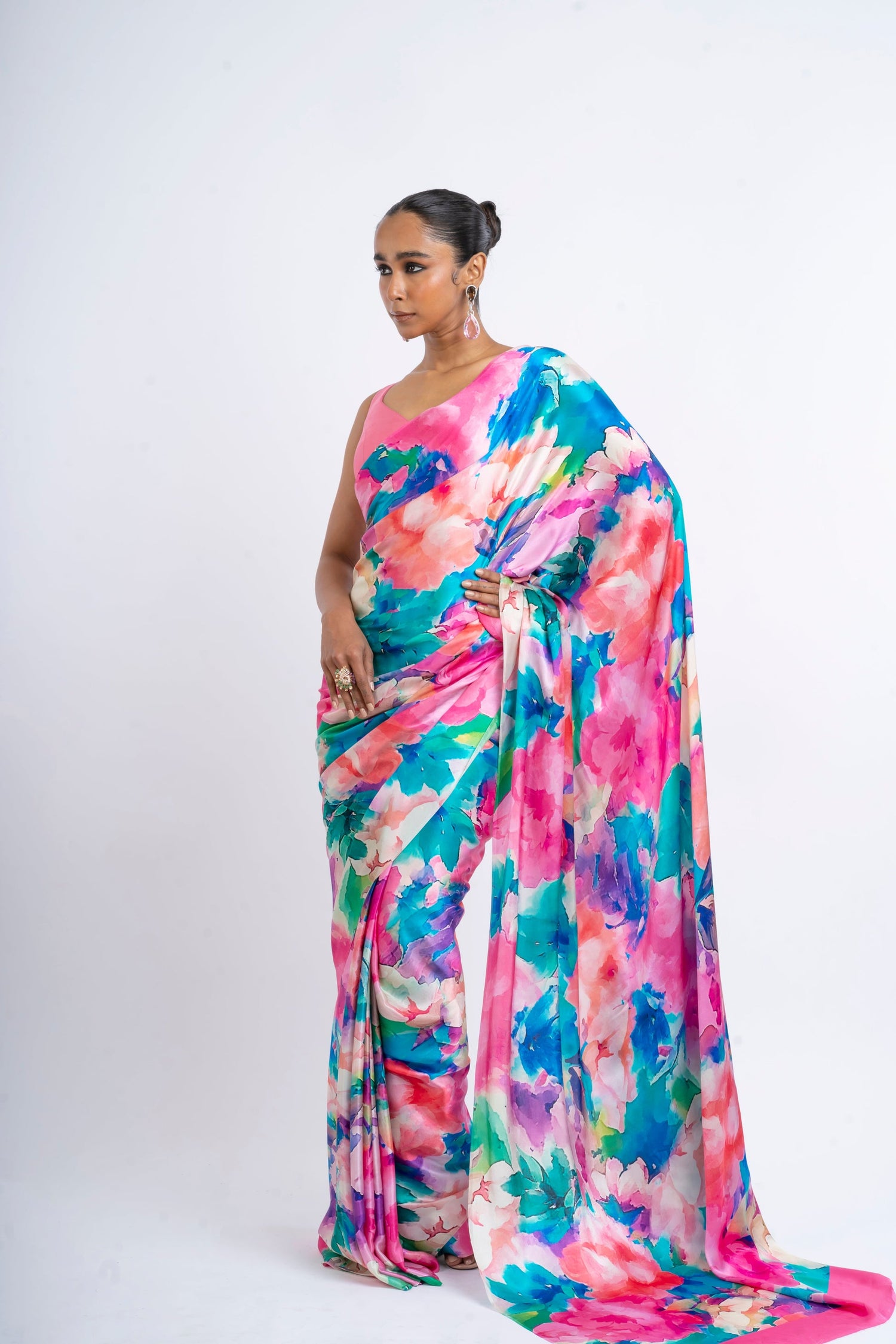 Ruby Coral Reef Satin Silk Saree | Classy Cocktail Saree