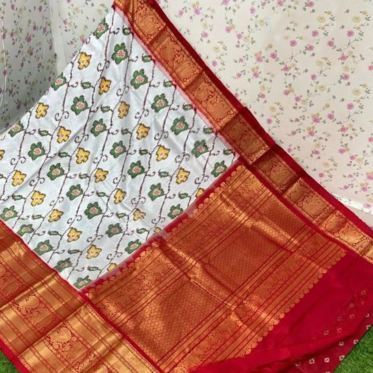 Graceful Light Cyan Fancy Silk Saree Featuring Ikkat Kanchi Print Design