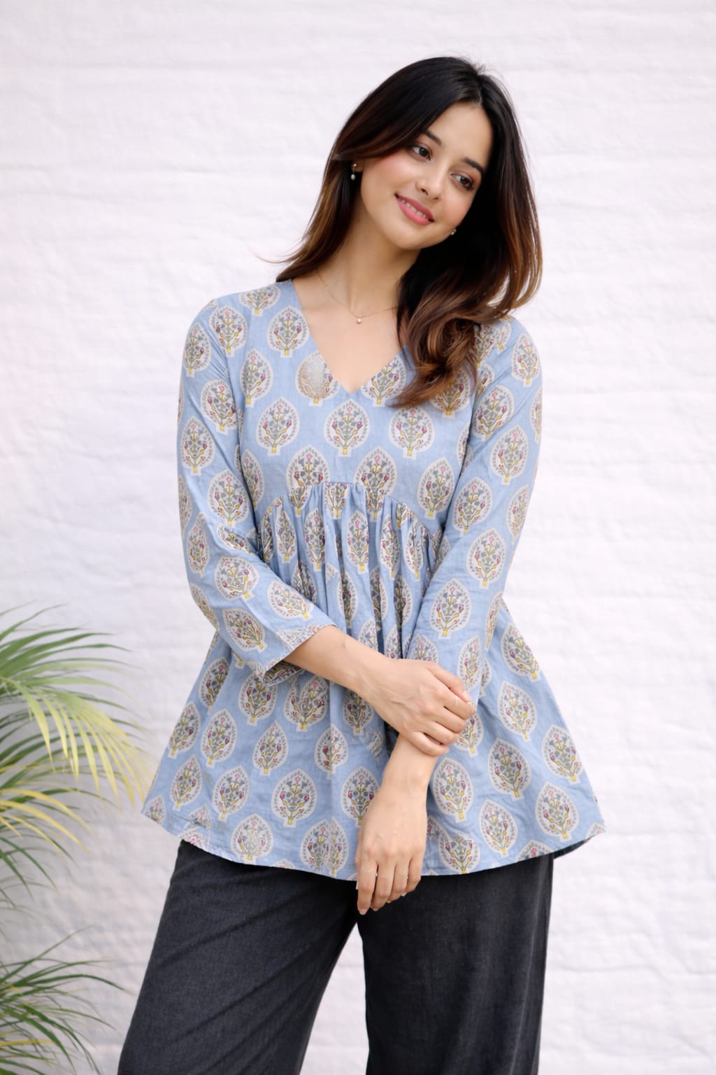 Light Blue Floral Block Print Short Kurti for Women | Soft Cotton | Ethnic Daily Wear