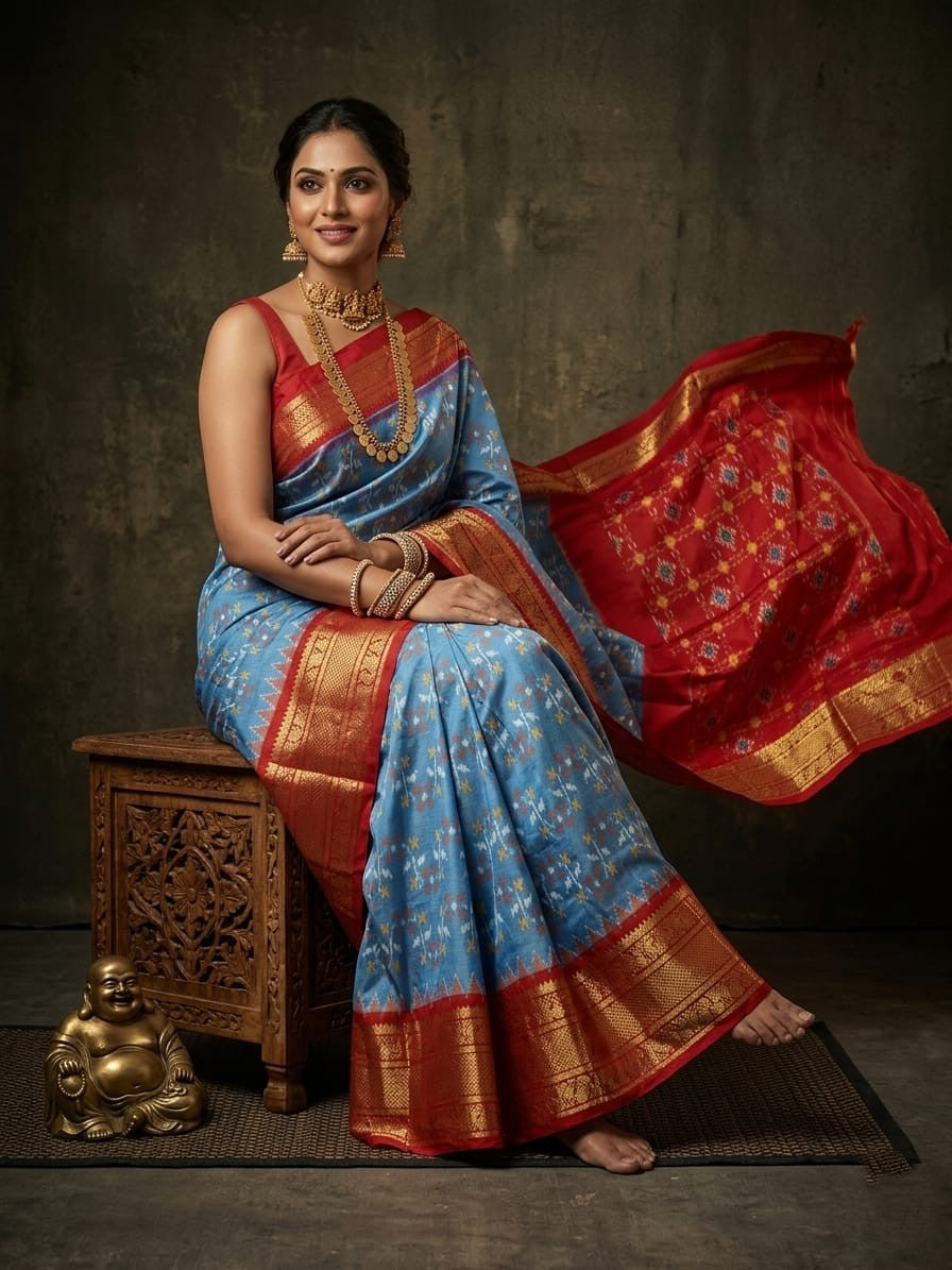 Light Blue Handloom Pattu Silk Saree with Red Luxury Zari Border