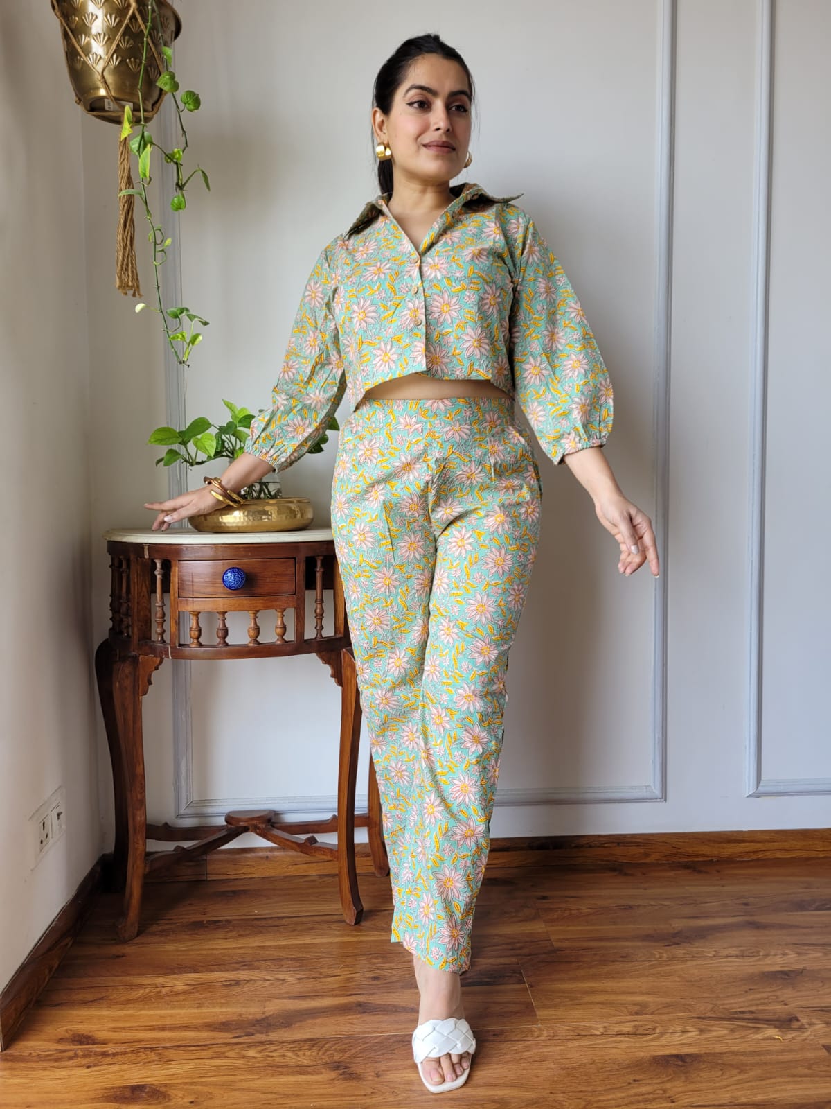 Light Green Pure Cotton Hand Block Print Co-ord Set with Balloon Sleeves