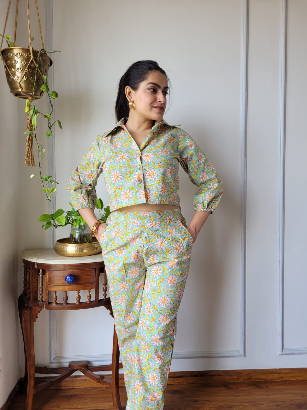 Light Green Pure Cotton Hand Block Print Co-ord Set with Balloon Sleeves