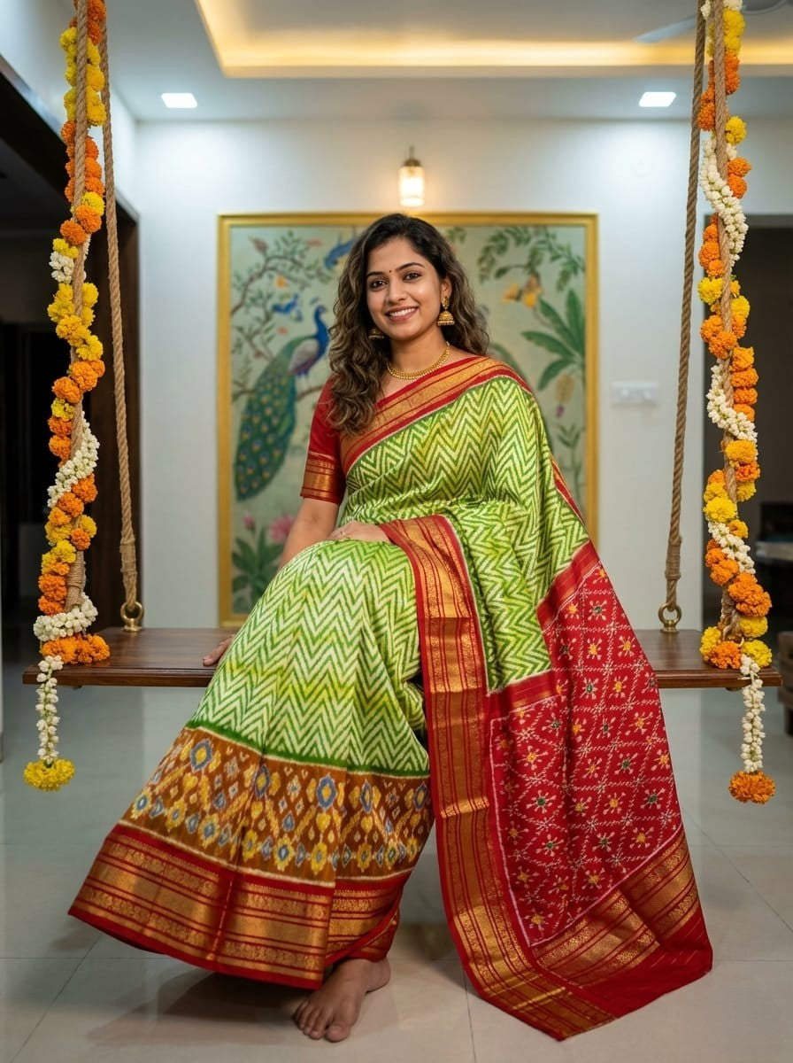 Light Green Handloom Pattu Silk Saree with Red Contrast Temple Border