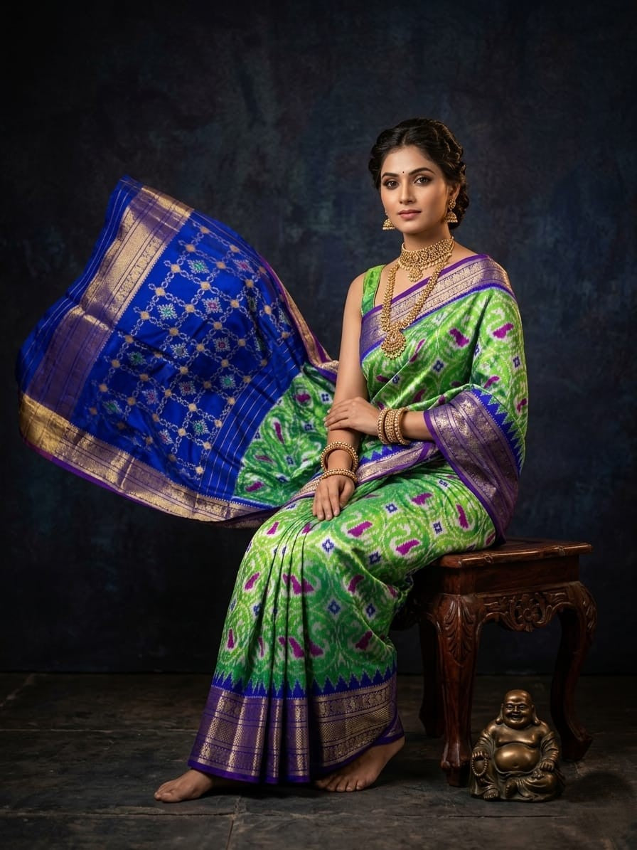 Light Green Handloom Pattu Silk Saree with Royal Blue Traditional Border