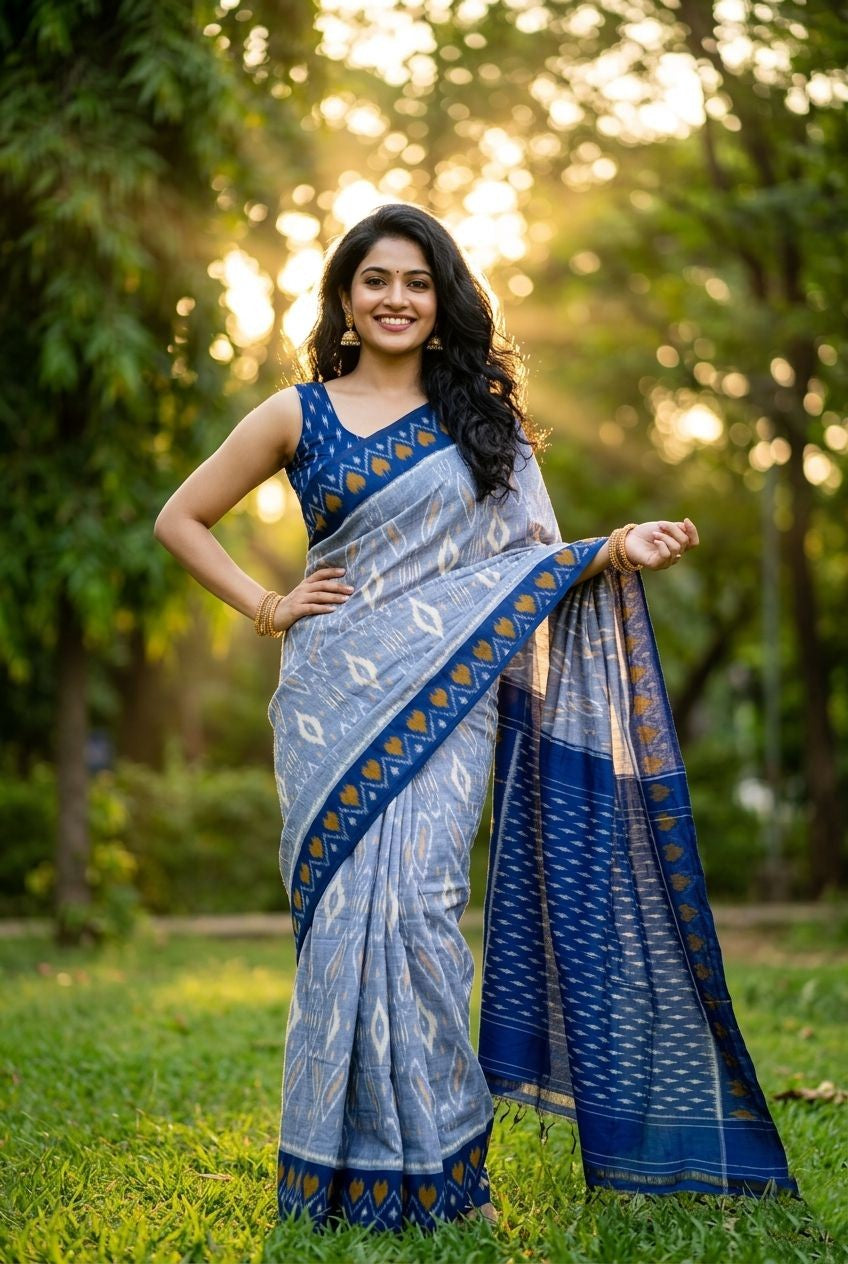 Light Grey Buta Print Linen Saree with Blue Border | Modern Ethnic Wear