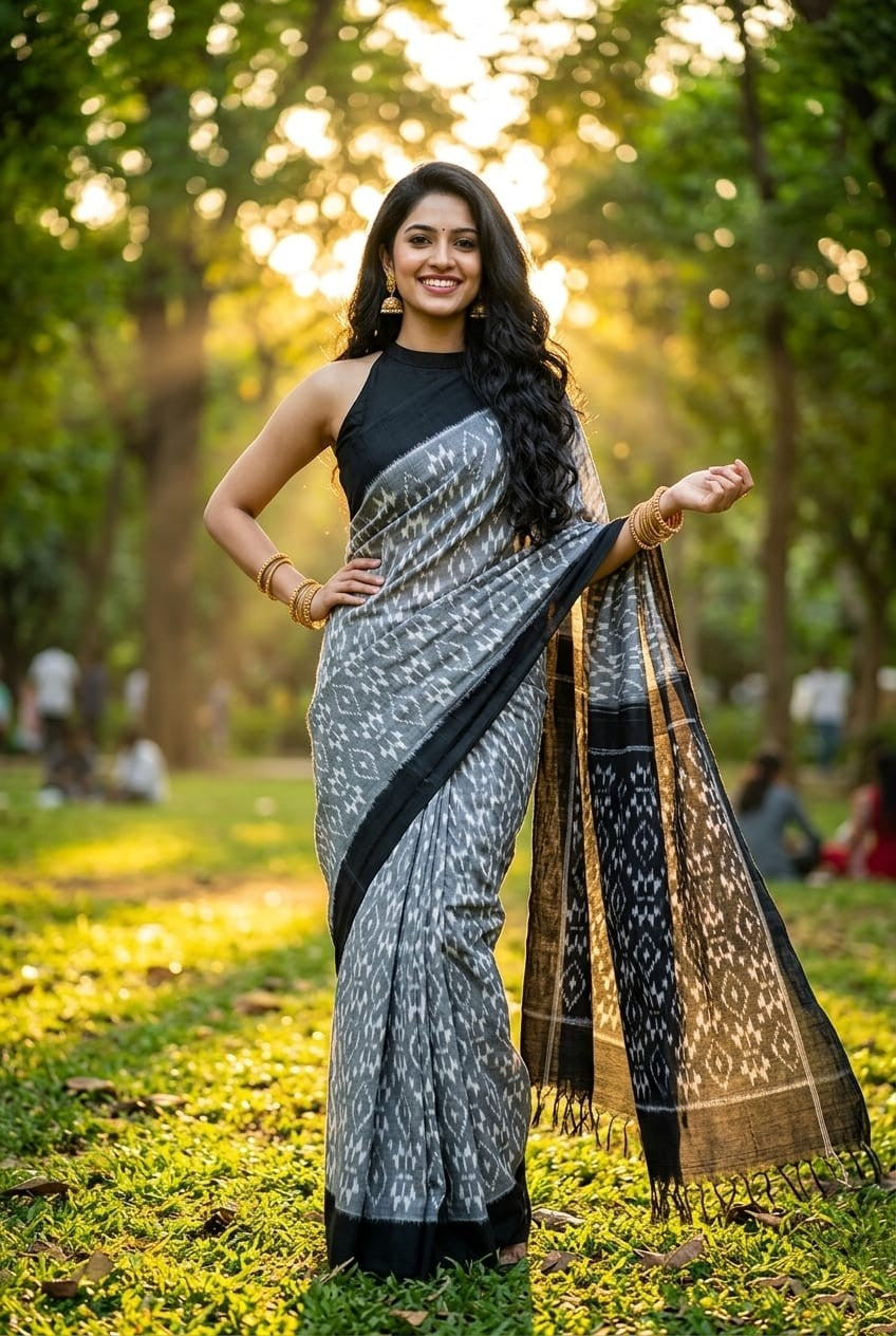 Light Silver Linen Saree with Black Striped Pallu | Office Wear Collection