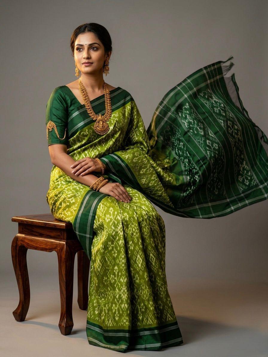 Lime Green Barista Soft Silks Saree with Dark Green Rich Pallu