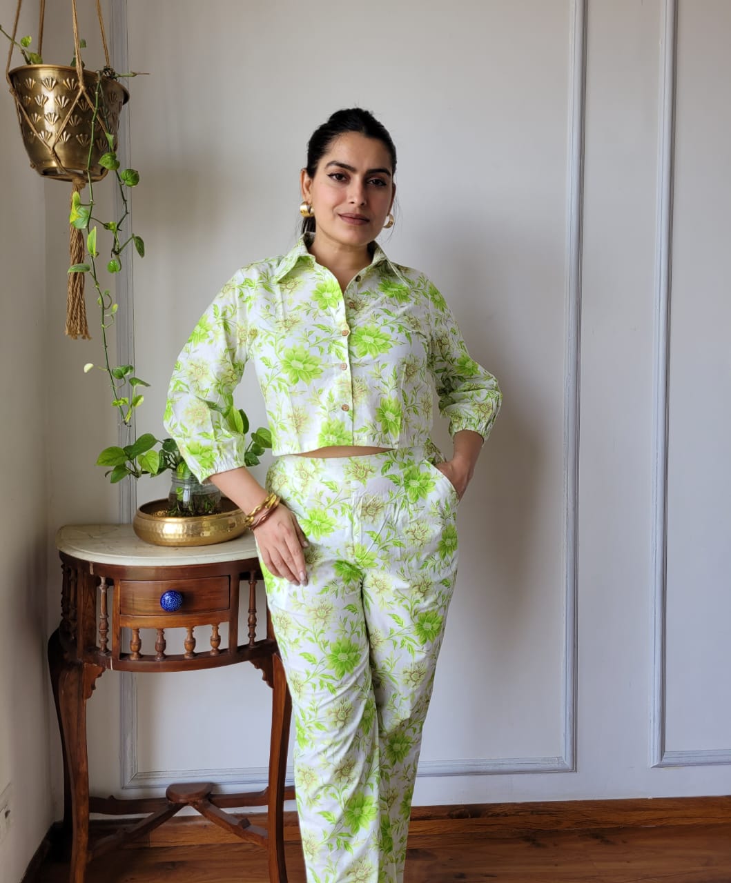 Lime Green Floral Pure Cotton Hand Block Print Co-ord Set