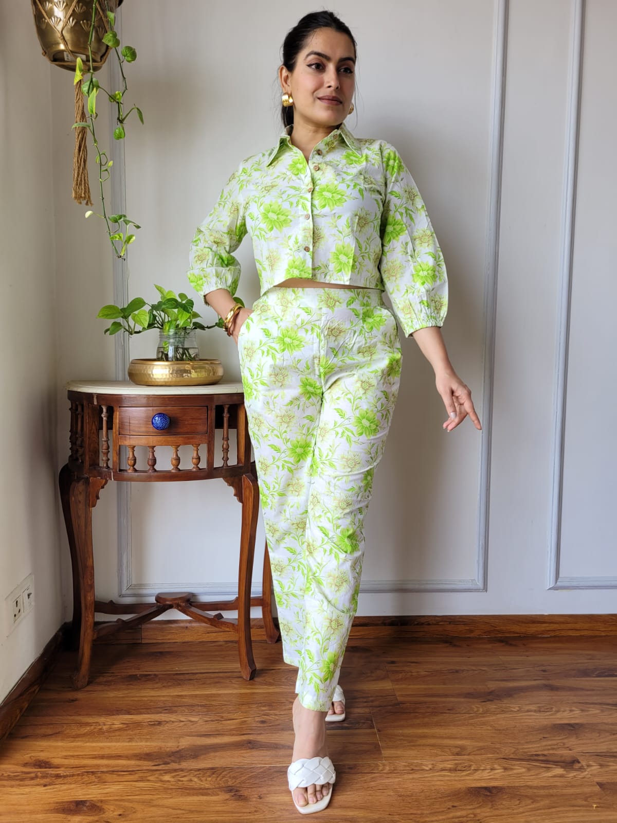 Lime Green Floral Pure Cotton Hand Block Print Co-ord Set