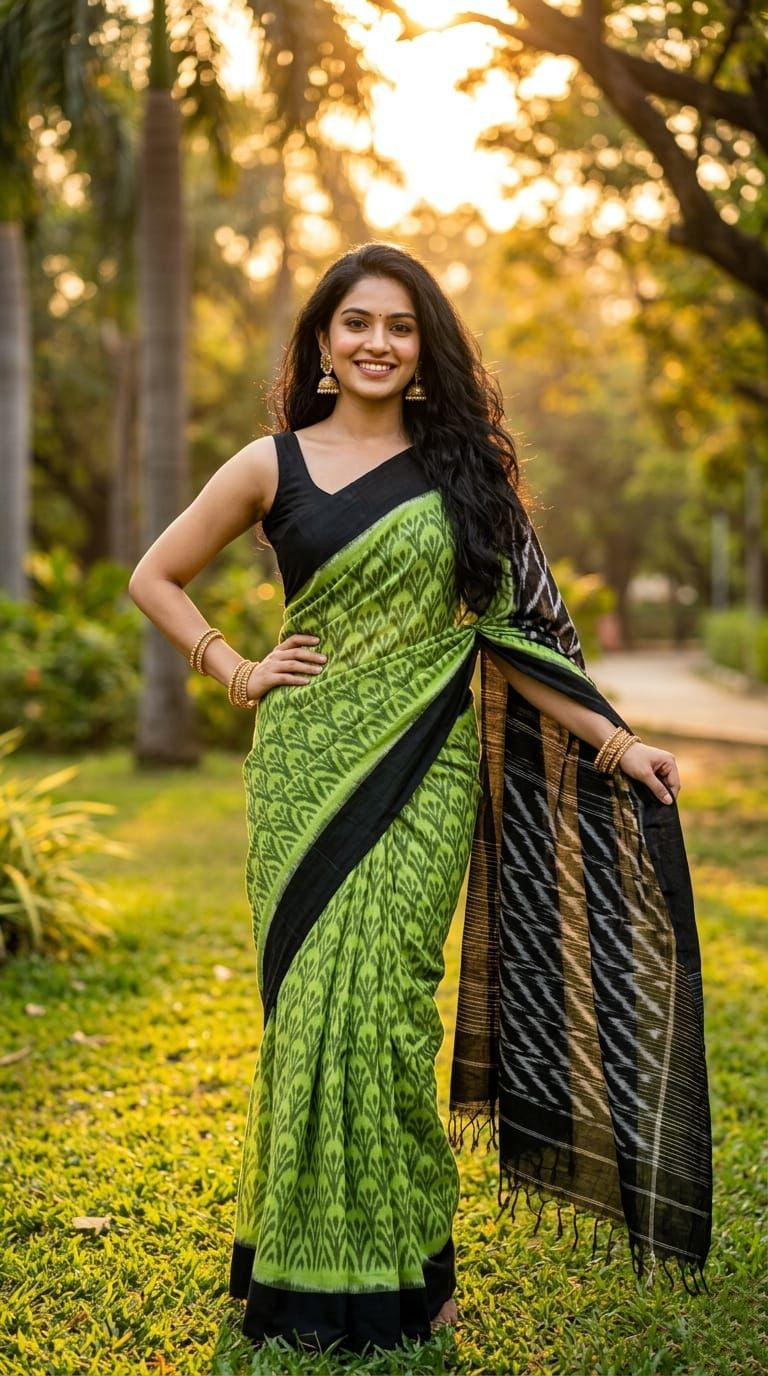 Lime Green Printed Linen Saree with Black Contrast Pallu | Vibrant Casual Saree