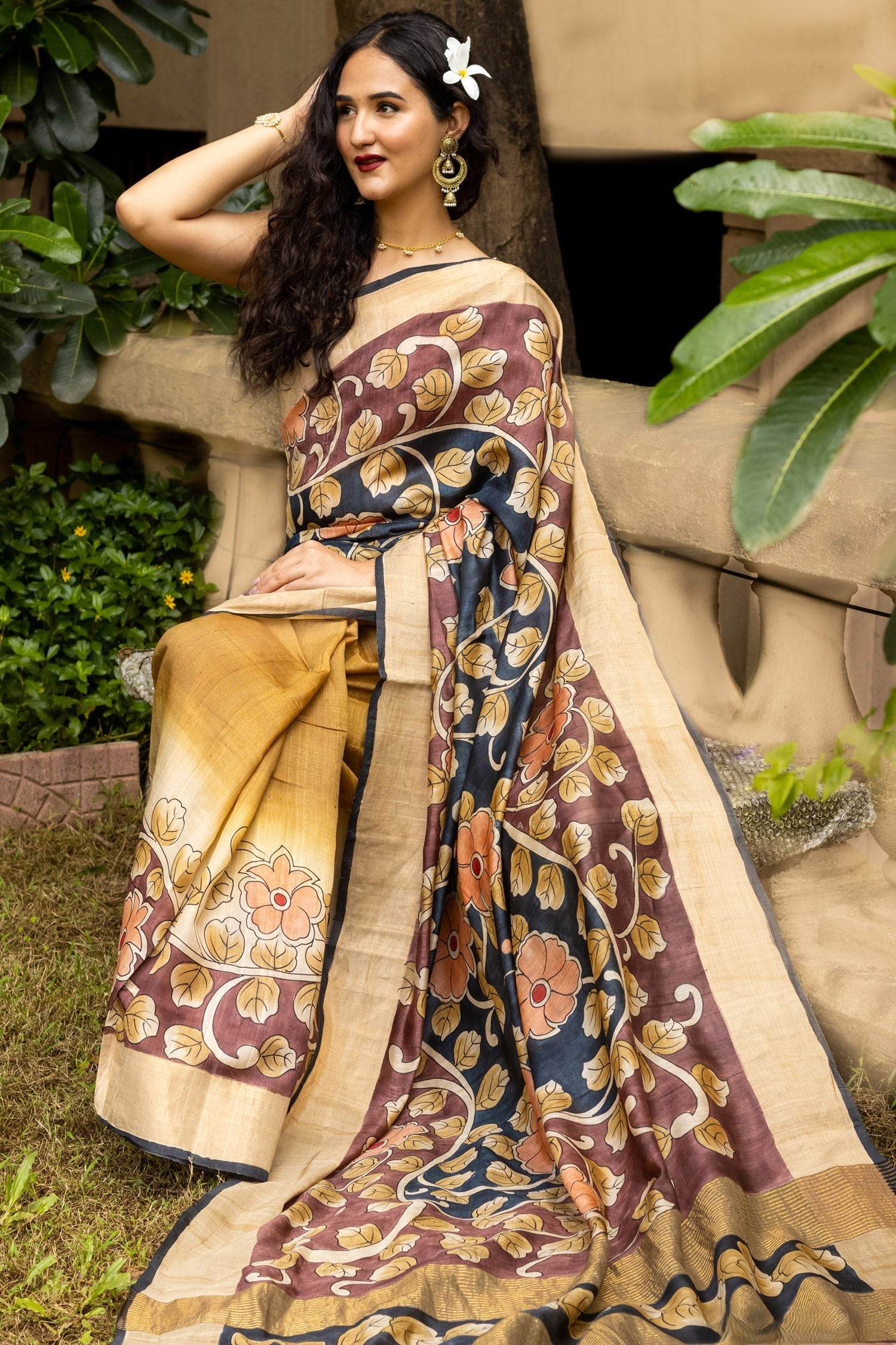 Pure Tussar Silk Saree with Intricate Kalamkari Print