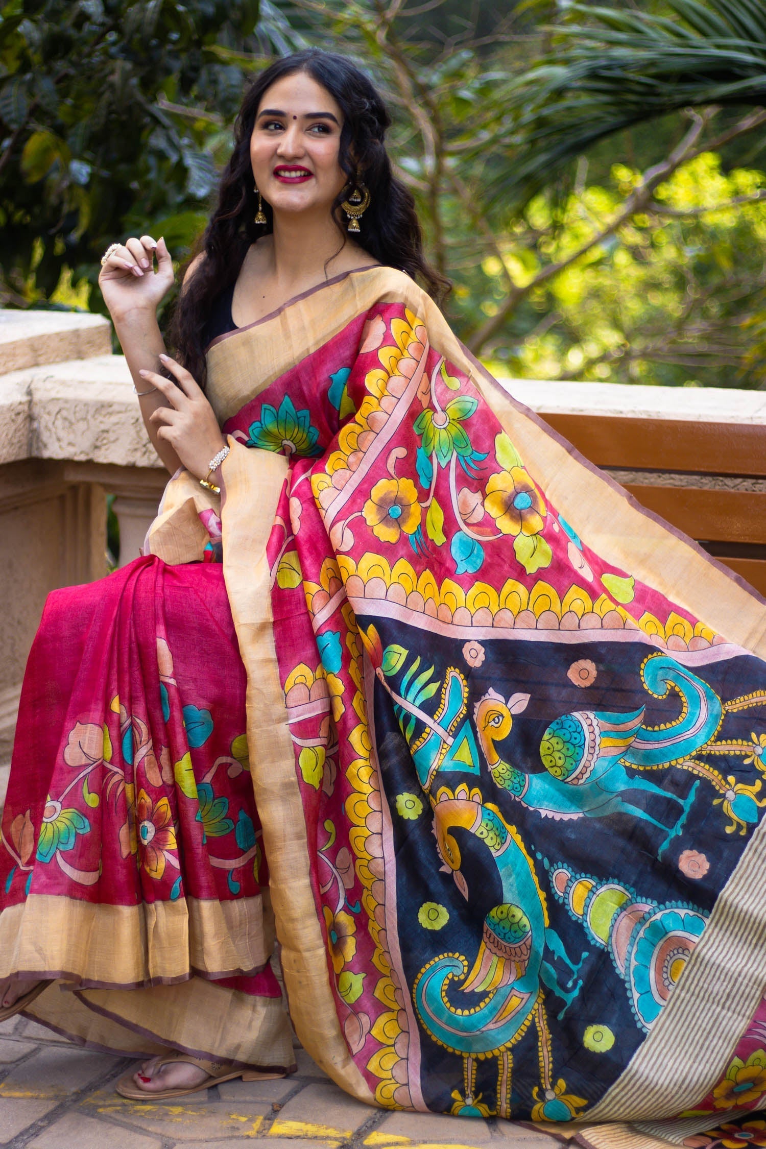 Heritage Handloom Tussar Saree with Kalamkari Work And Fashion Blouse Match