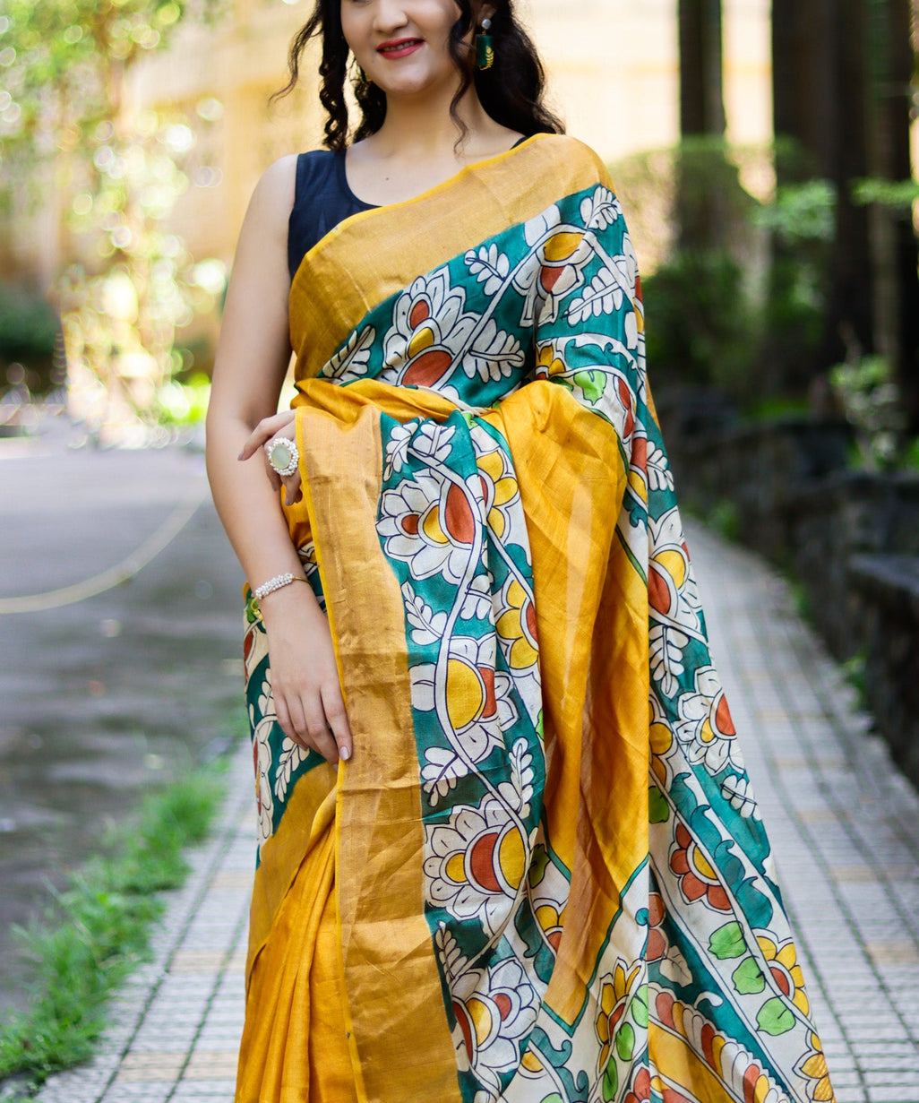 Handwoven Tussar Silk Saree with Exquisite Kalamkari Design
