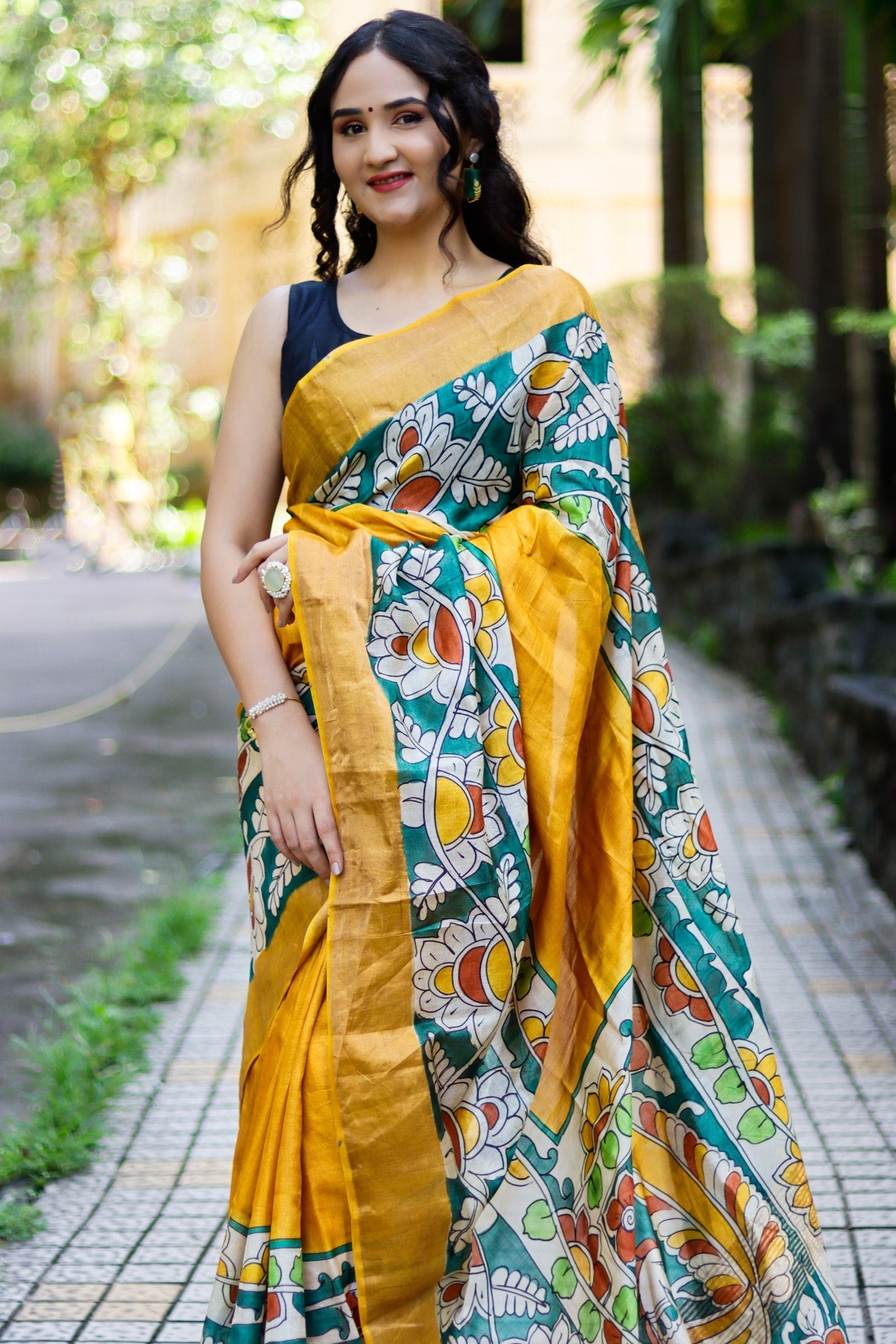Partywear Tussar Silk Saree with Traditional Kalamkari and Trendy Blouse