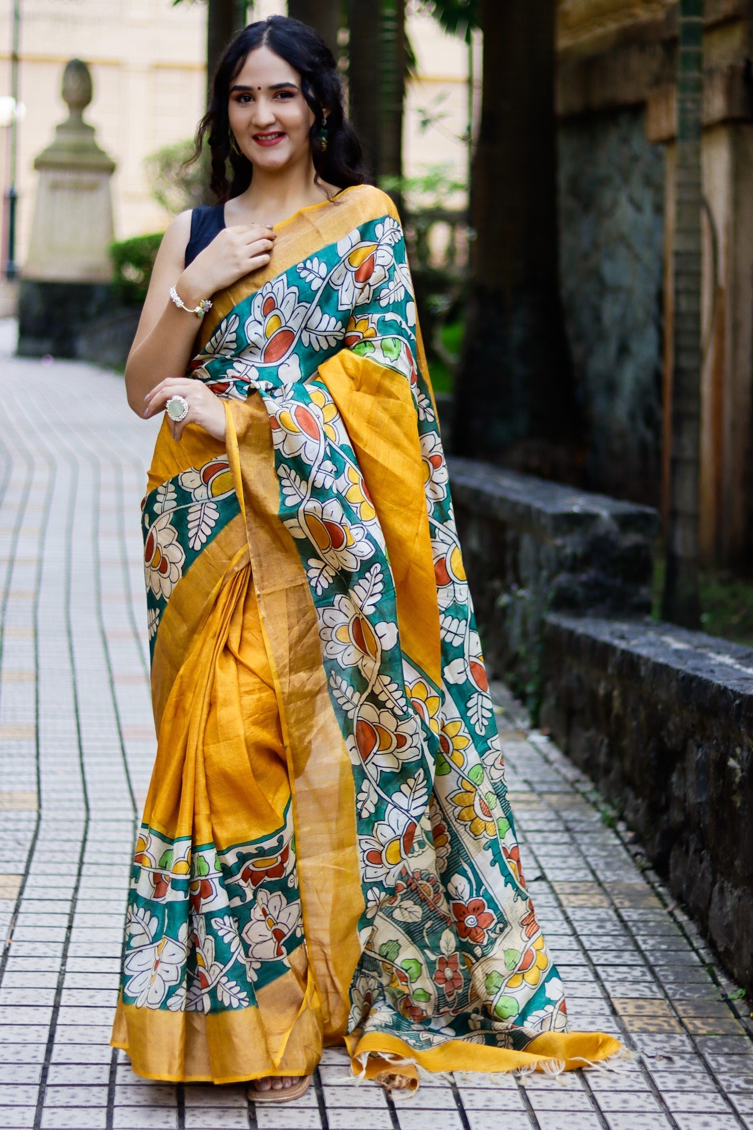 Partywear Tussar Silk Saree with Traditional Kalamkari and Trendy Blouse