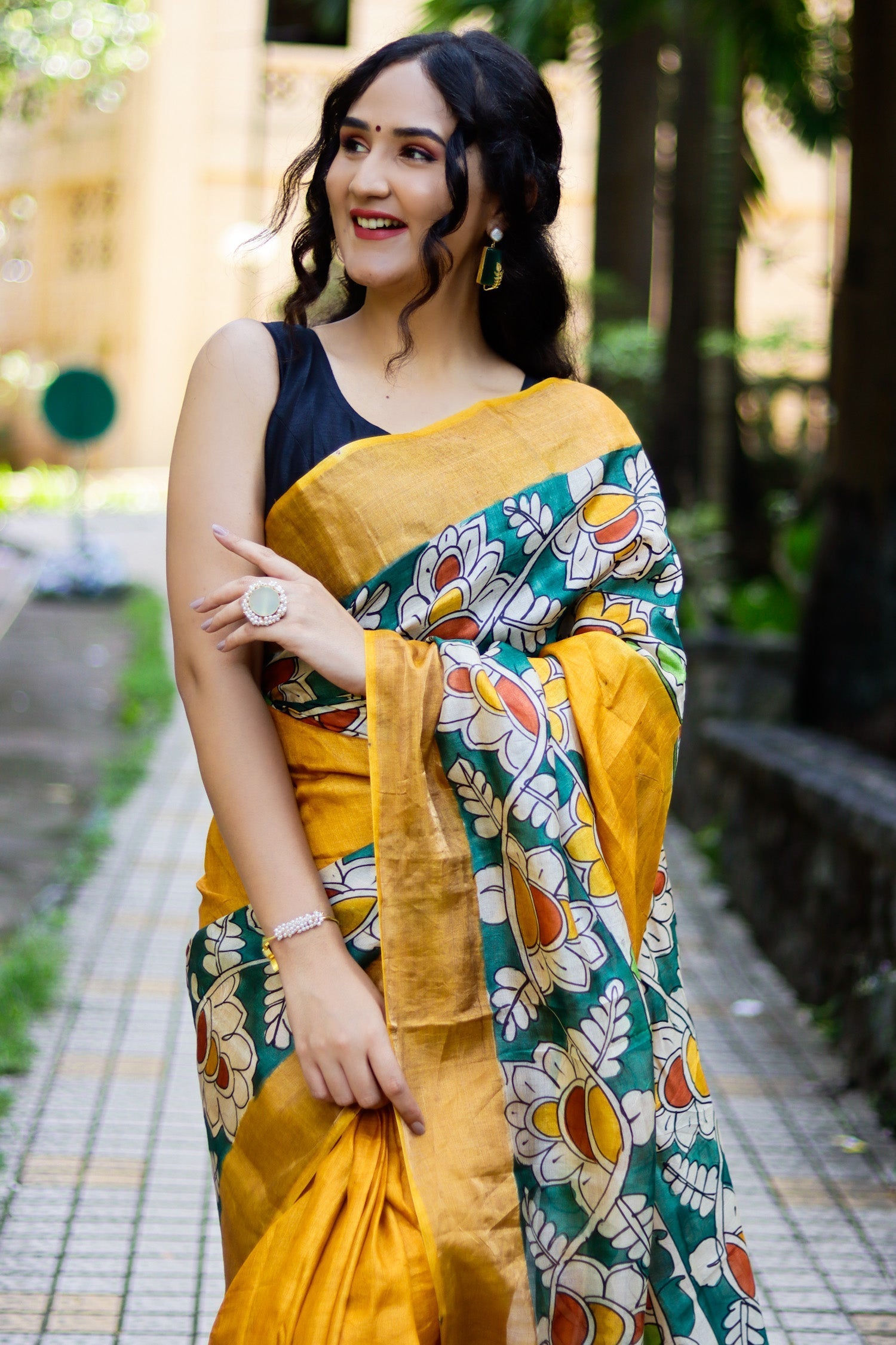 Partywear Tussar Silk Saree with Traditional Kalamkari and Trendy Blouse