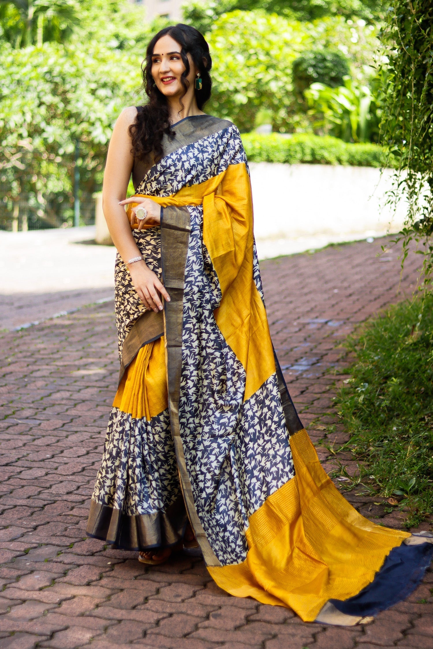 Indian Art Inspired Tussar Silk Saree with Kalamkari Motif and Fancy Blouse