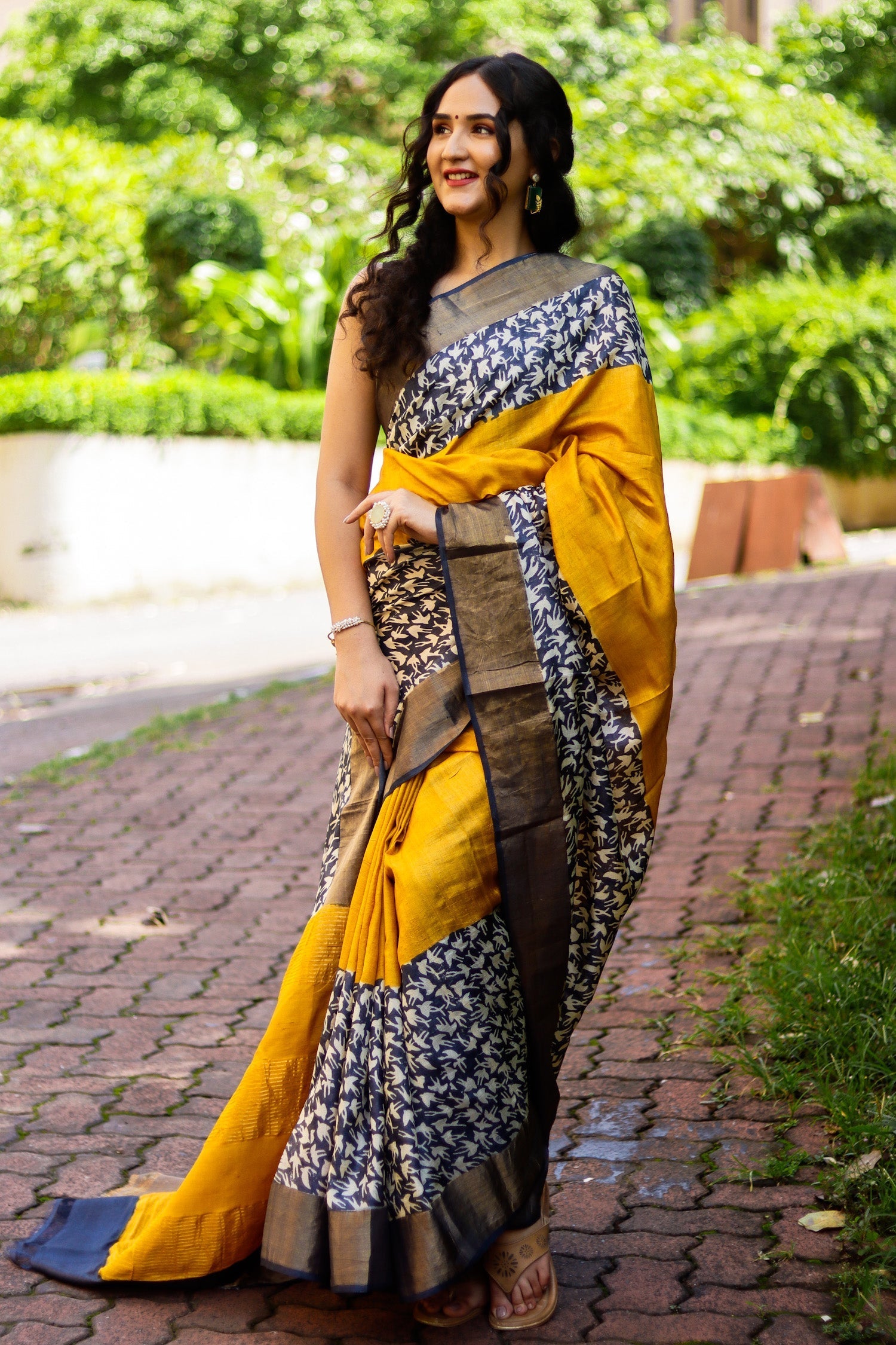 Indian Art Inspired Tussar Silk Saree with Kalamkari Motif and Fancy Blouse