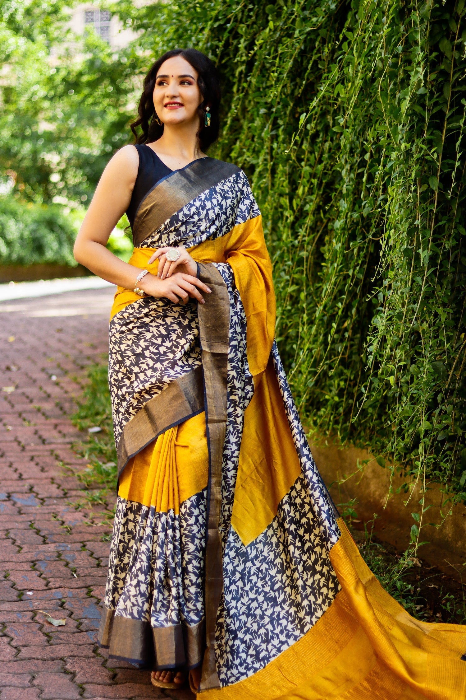 Indian Art Inspired Tussar Silk Saree with Kalamkari Motif and Fancy Blouse