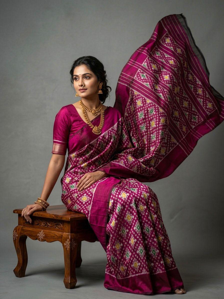 Magenta Barista Soft Silks Saree with Gold Ethnic Motif Weaving