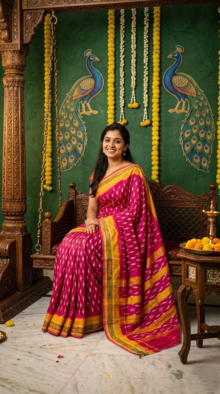 Magenta Barista Soft Silks Saree with Mustard Ethnic Woven Pallu