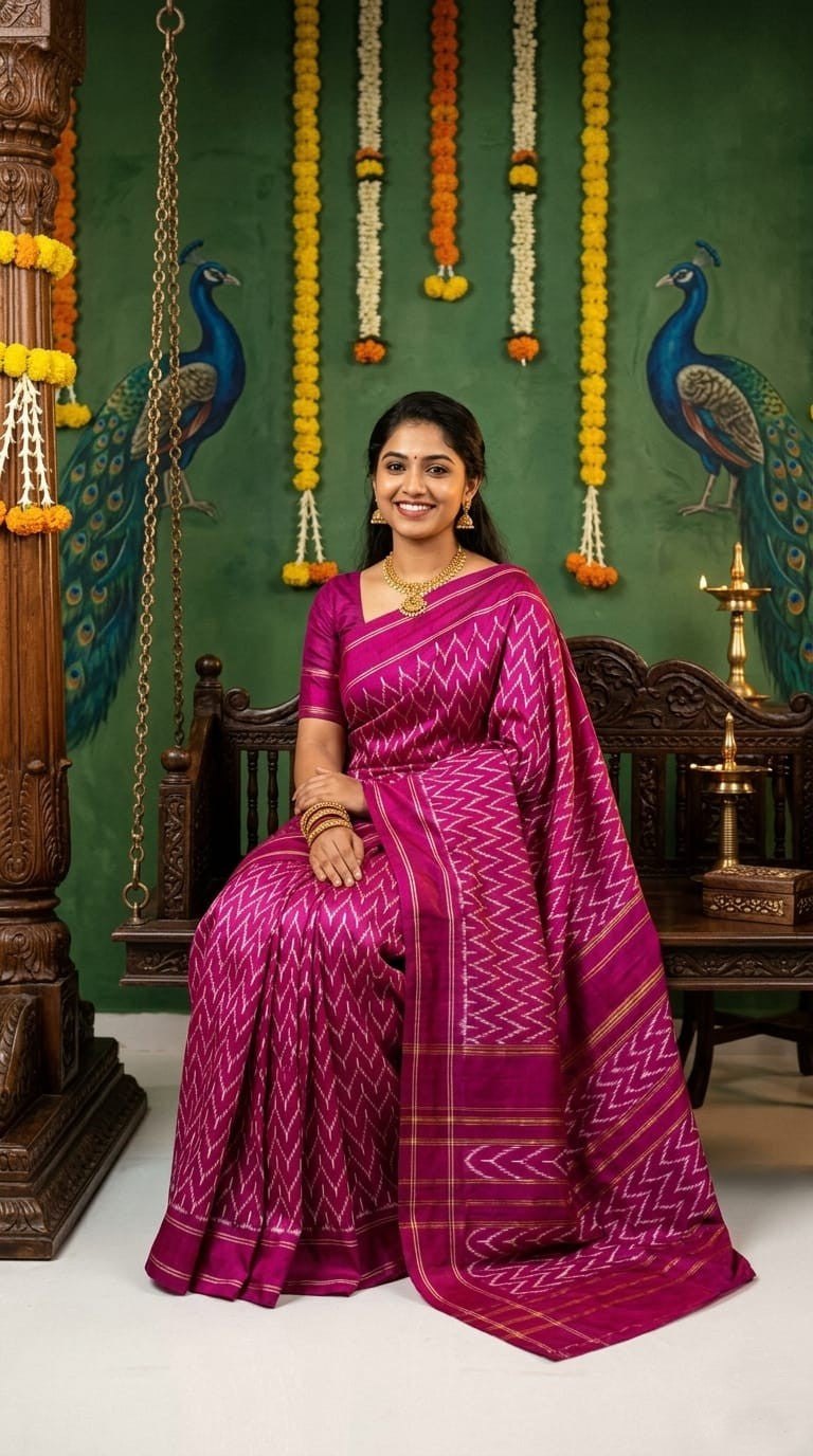 Magenta Barista Soft Silks Saree with Rich Ethnic Print