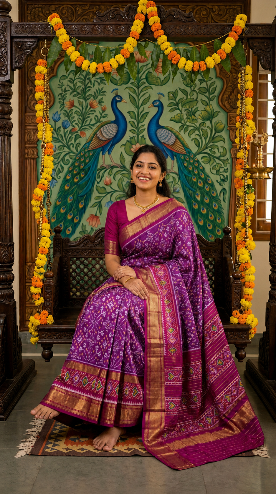 Magenta Bentex Handloom Silk Saree with Gold Zari Border and Peacock Design