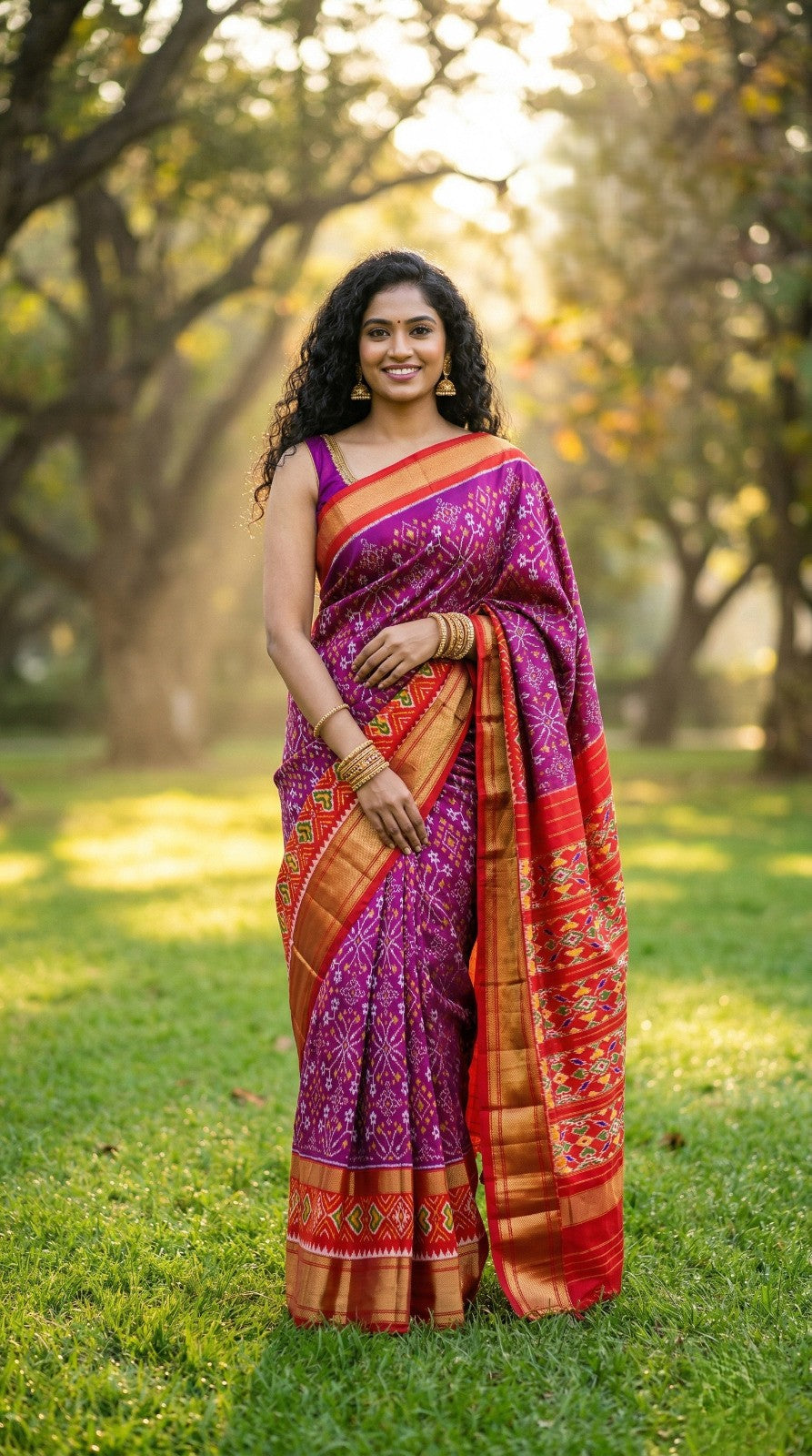 Magenta Bentex Handloom Silk Saree with Orange Traditional Weaving