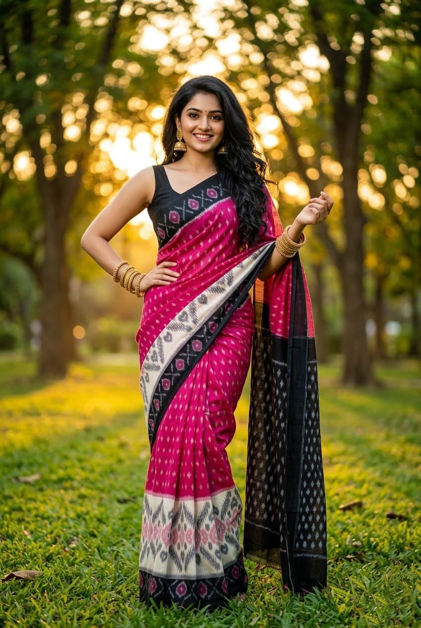 Magenta Pink Linen Saree with Black Pallu and Buta Work | Festive Drape