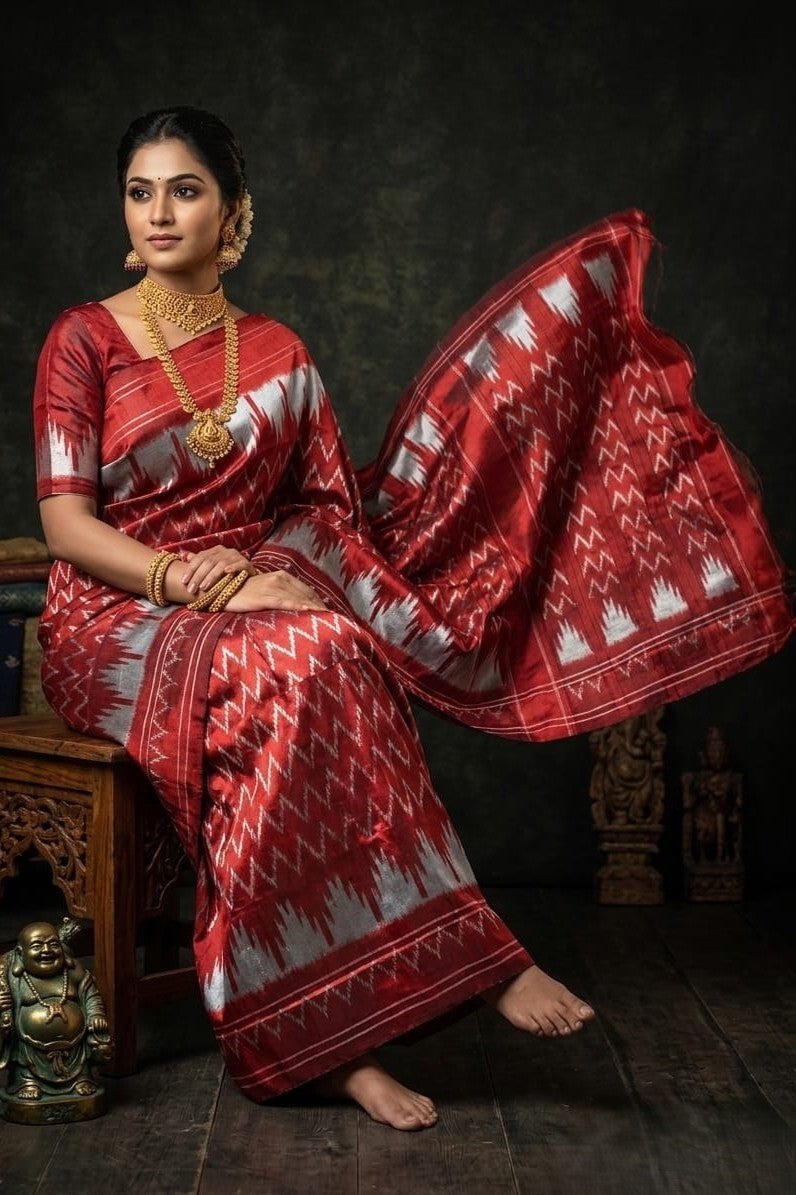 Maroon Barista Soft Silks Saree with Rich Ikat Style Weaving