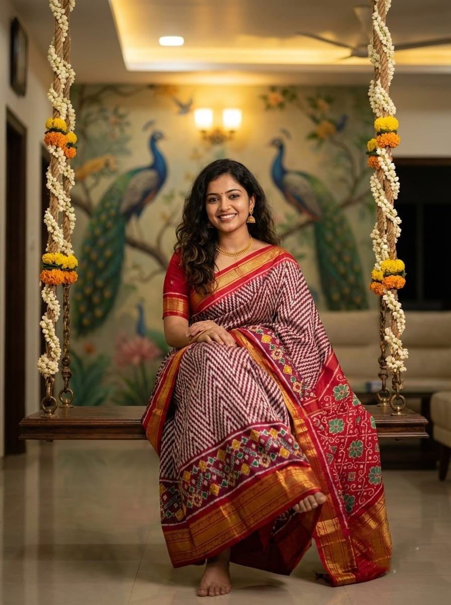Maroon Handloom Pattu Silk Saree with Orange Rich Temple Weaving