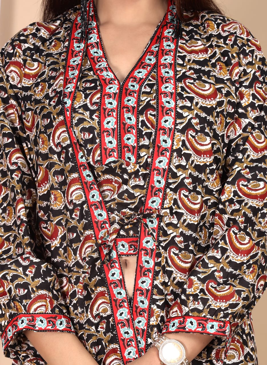 Maroon Red Floral Printed 3-Piece Choli Shrug & Pant Set