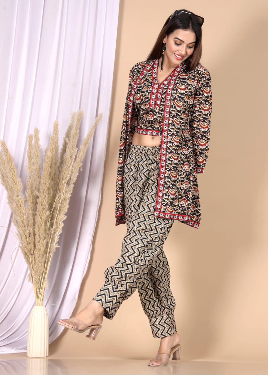 Maroon Red Floral Printed 3-Piece Choli Shrug & Pant Set
