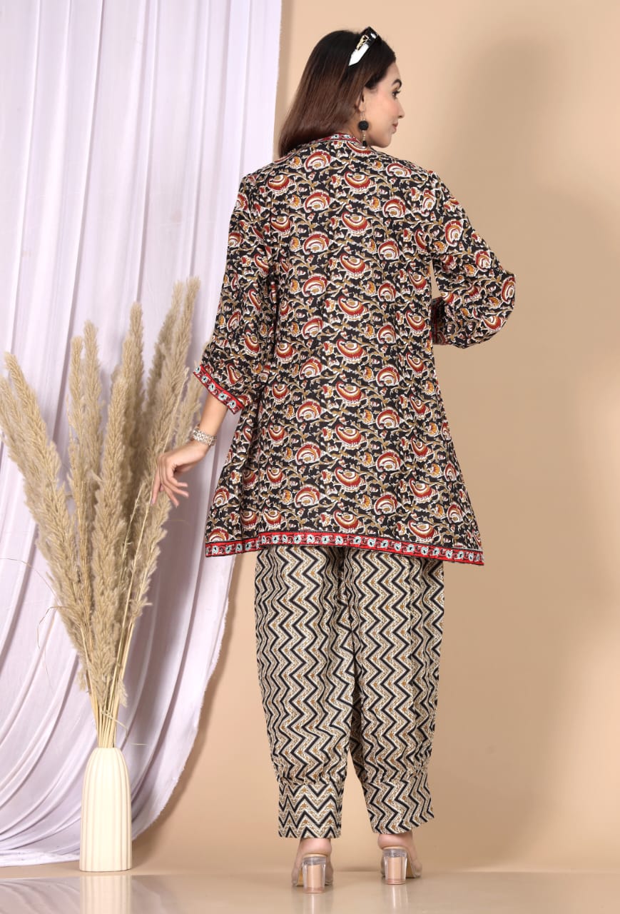 Maroon Red Floral Printed 3-Piece Choli Shrug & Pant Set