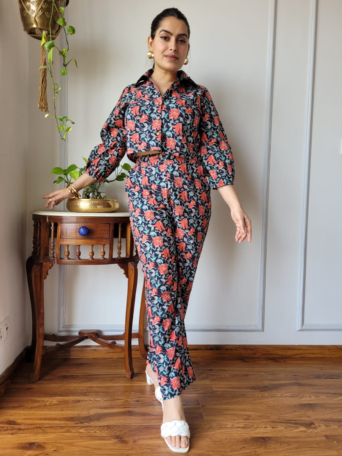 Maroon Wine Pure Cotton Hand Block Print Co-ord Set with Balloon Sleeves