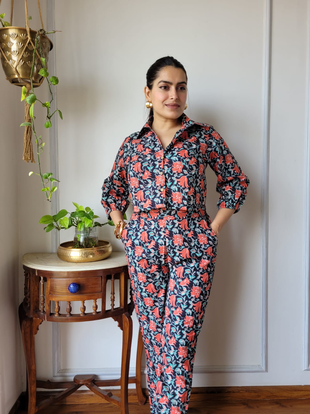 Maroon Wine Pure Cotton Hand Block Print Co-ord Set with Balloon Sleeves