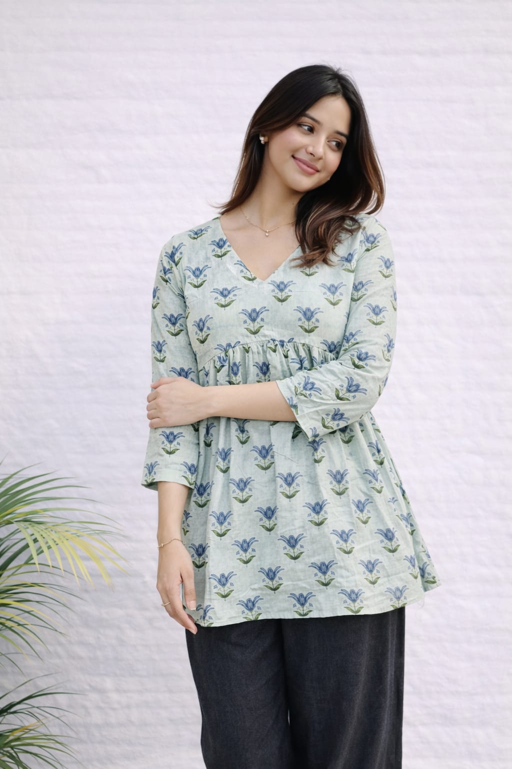 Mint Green Floral Block Print Short Kurti for Women | Soft Cotton Fabric | Ethnic Casual Wear